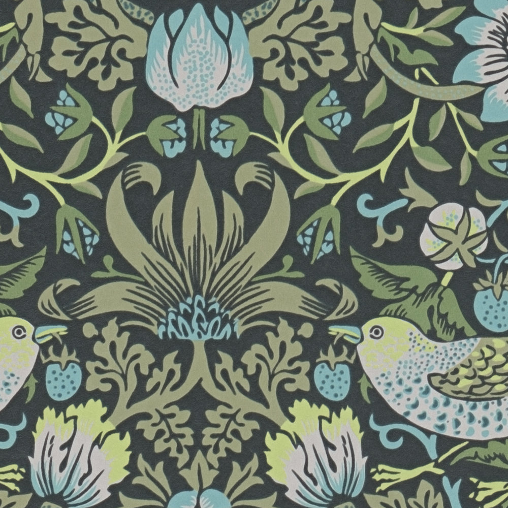             Vliestapete Blumenmuster mit Vögel – Grün, Blau, Schwarz
        