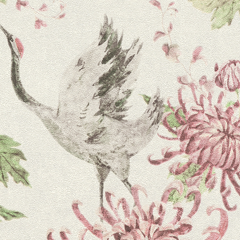             Mustertapete mit asiatischem Kranich- und Blütenmotiv – Rosa, Grün, Weiß
        