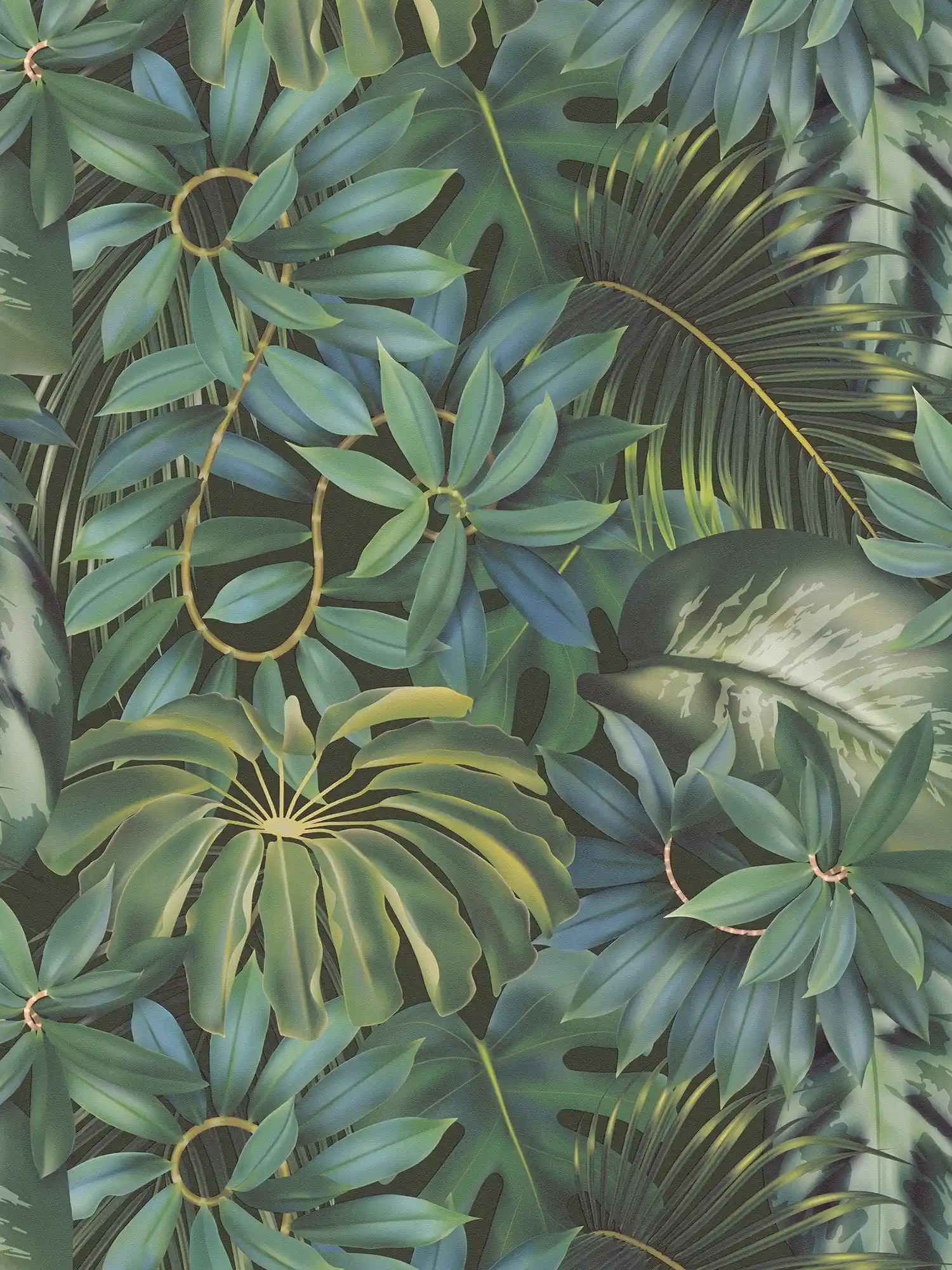 Blätter-Tapete Dschungel Muster – Grün, Schwarz
