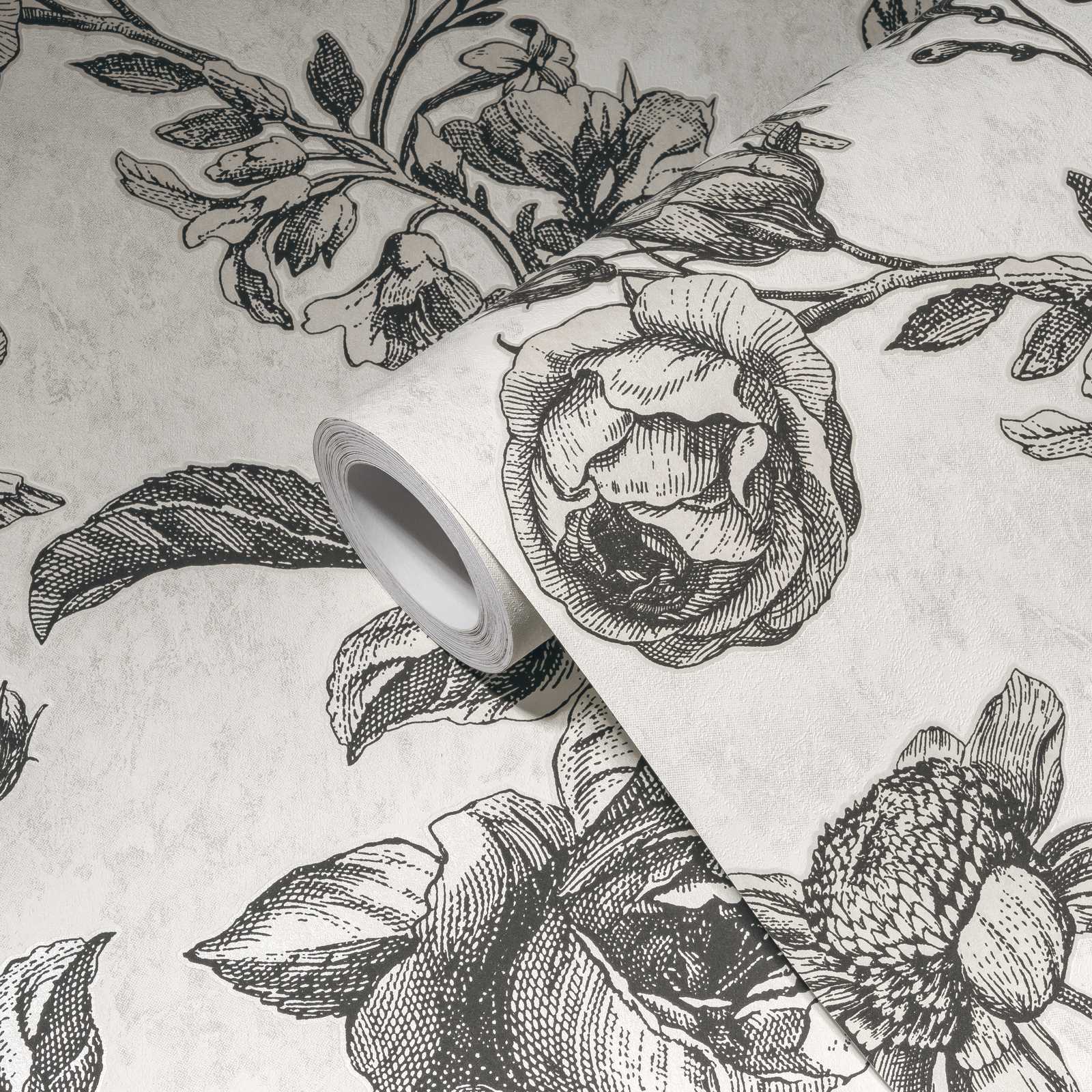            Schwarz-Creme Tapete Rosen Blütenmuster – Weiß, Schwarz, Grau
        