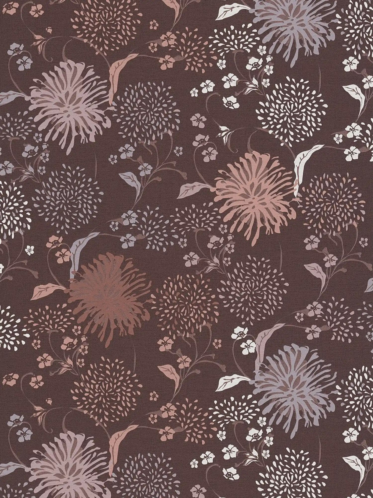 Blumentapete mit verspieltem Muster & Leinenoptik – Weinrot, Grau, Weiß
