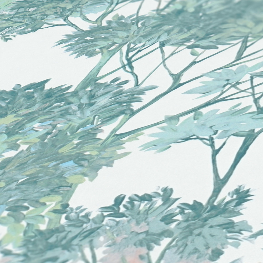             Vliestapete im Dschungelstyle mit Bäumen – Bunt, Grün, Weiß
        