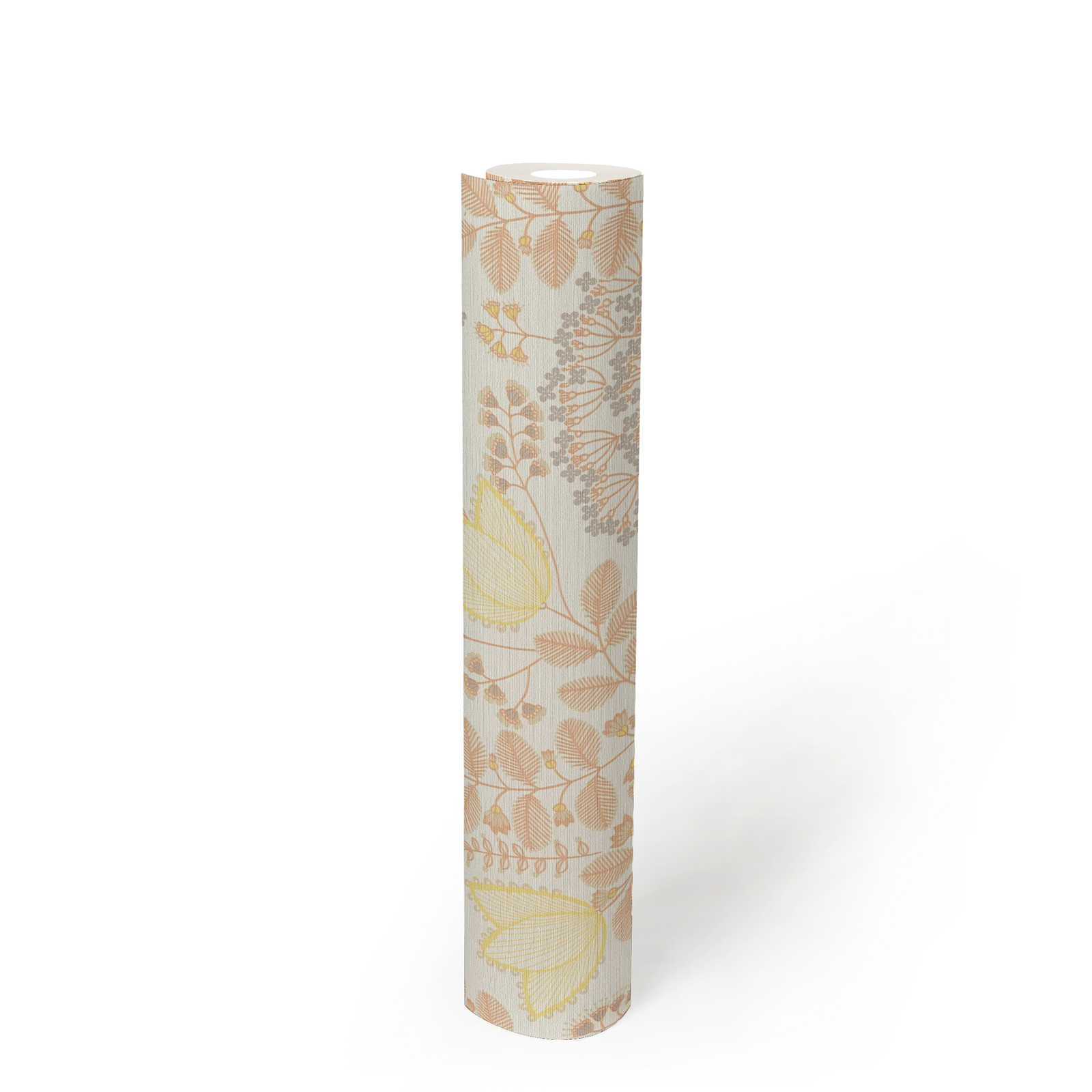             Florale Tapete mit Blättern im Retro-Stil leicht strukturiert, matt – Weiß, Orange, Gelb
        