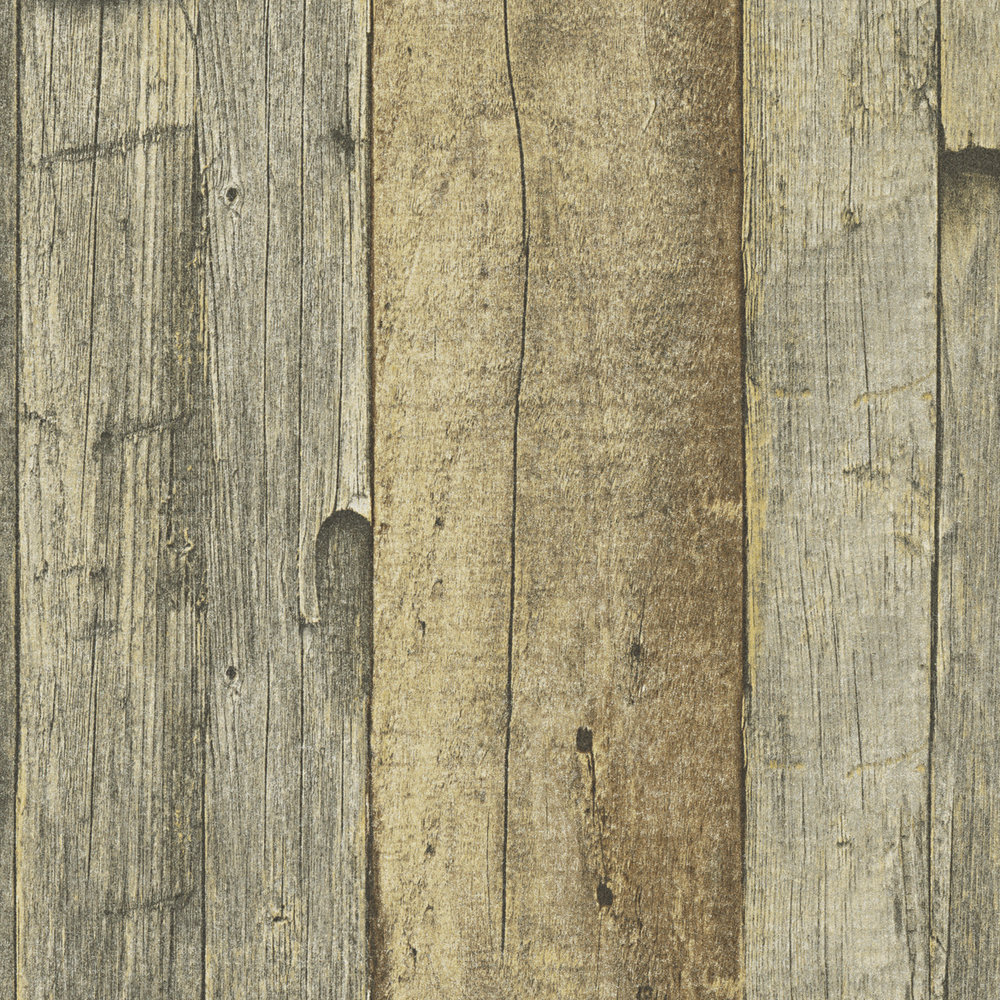             Tapete mit Holzoptik im rustikalen Landhaus Stil – Braun, Gelb, Creme
        