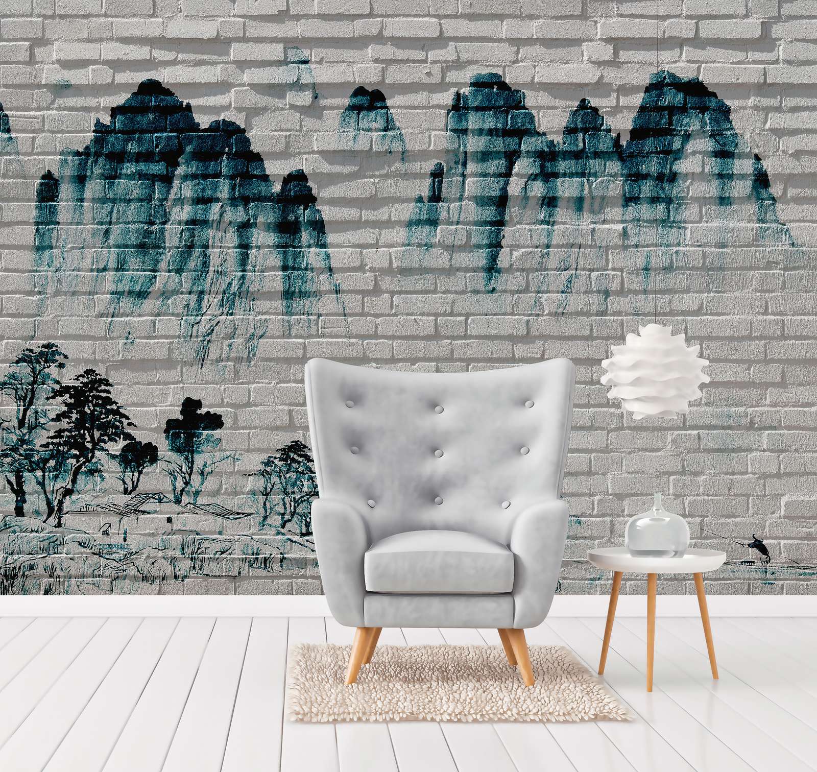             Fototapete Berge auf Backsteinmauer – Blau, Weiß
        