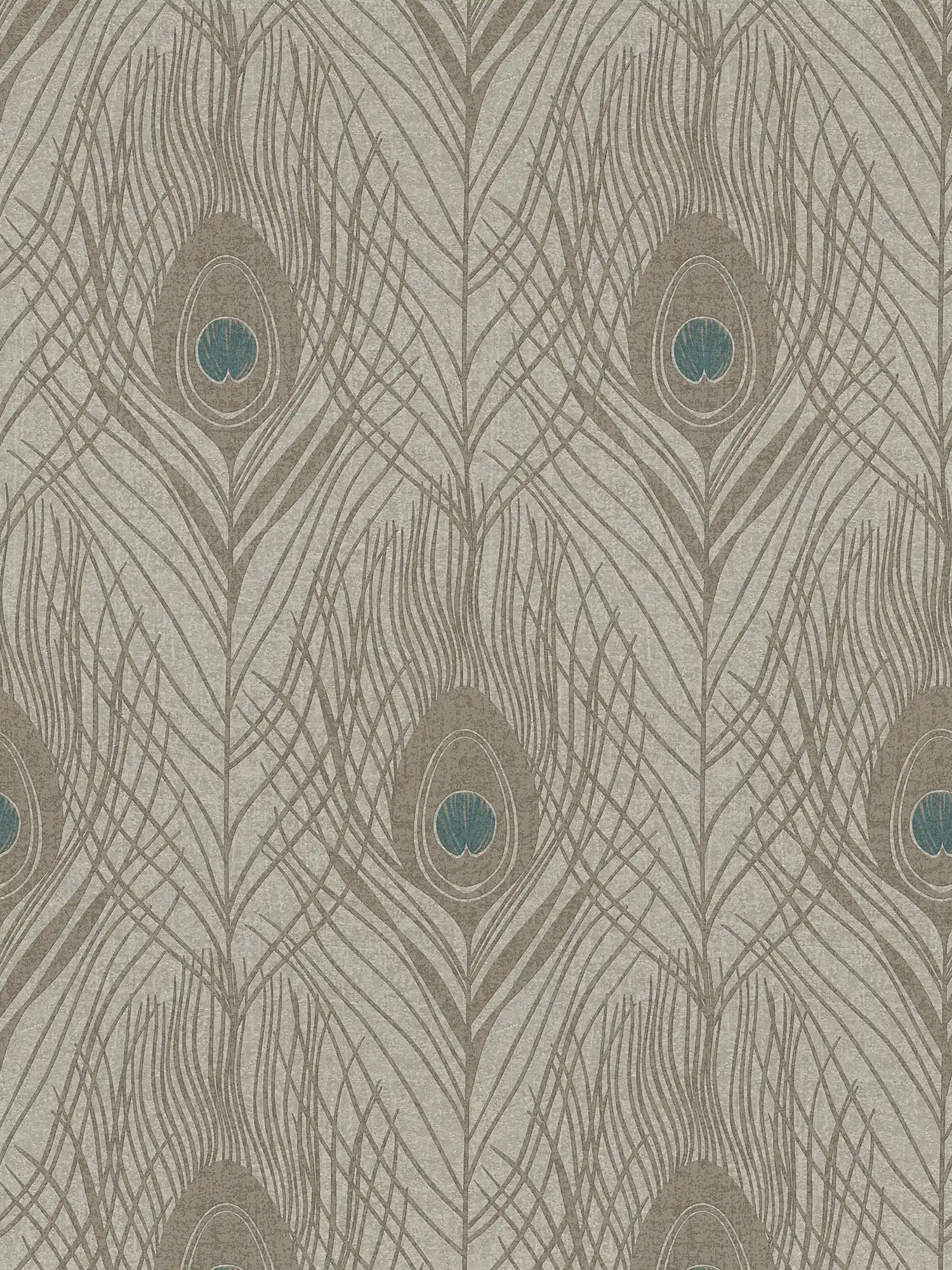 Braune Vliestapete mit Pfauenfedern, detailliert – Braun, Grau, Blau

