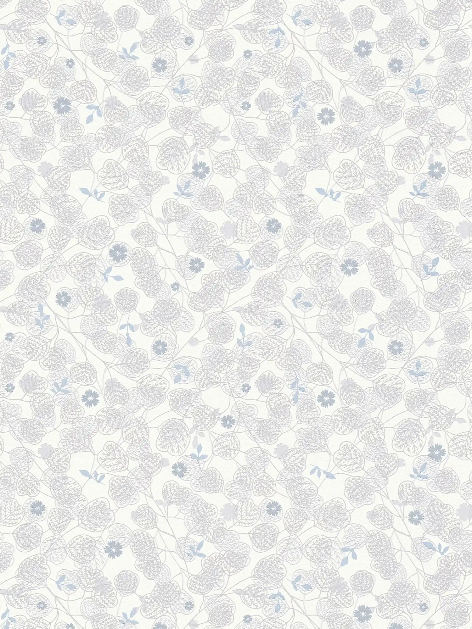 Blumentapete mit dezenten Blüten & Blättern – Weiß, Grau, Blau
