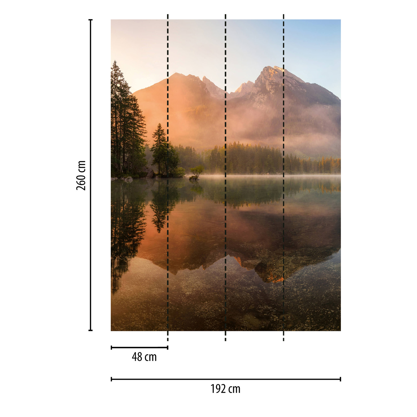             Fototapete Berge und Bäume am See – Grün, Orange, Braun
        