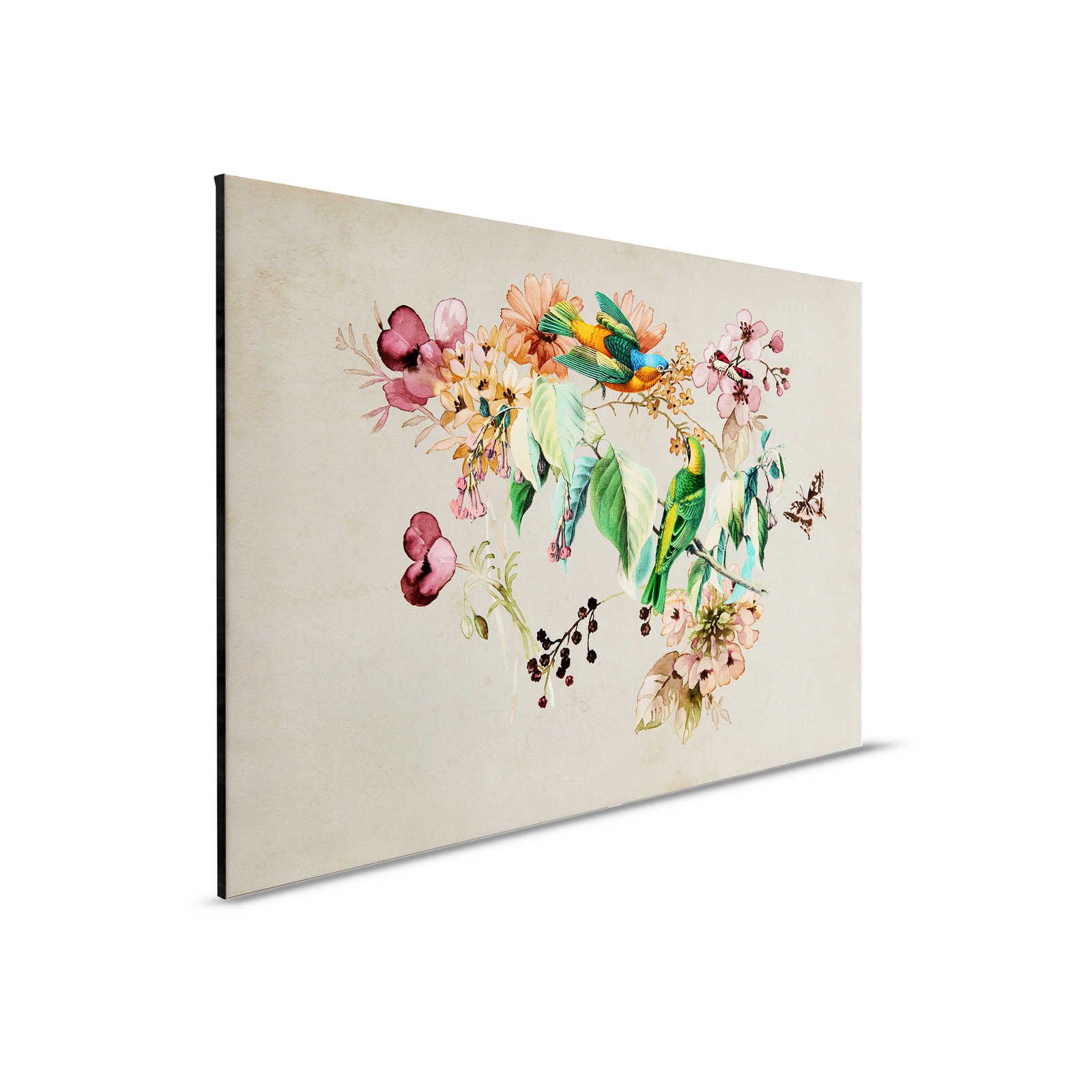 Love Nest 1 - Leinwandbild mit Aquarell Blüten & bunten Vögeln – 0,90 m x 0,60 m
