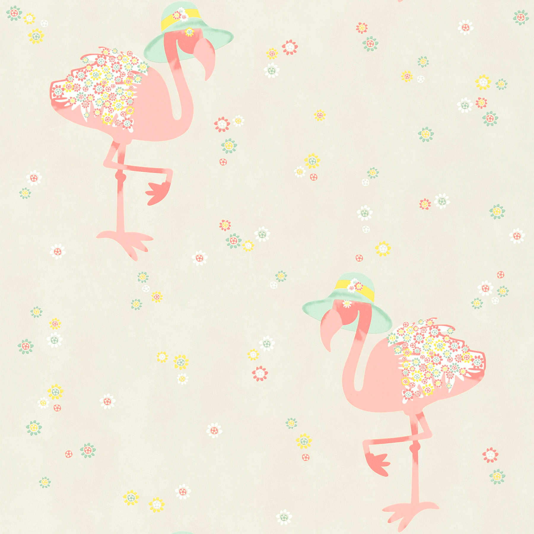         Vliestapete Flamingo & Blumen Muster – Beige, Rosa
    