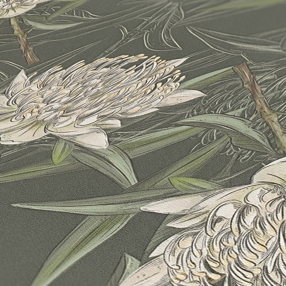             Tapete im floralen Stil mit Blumen & Blättern strukturiert matt – Schwarz, Grün, Dunkelgrün
        