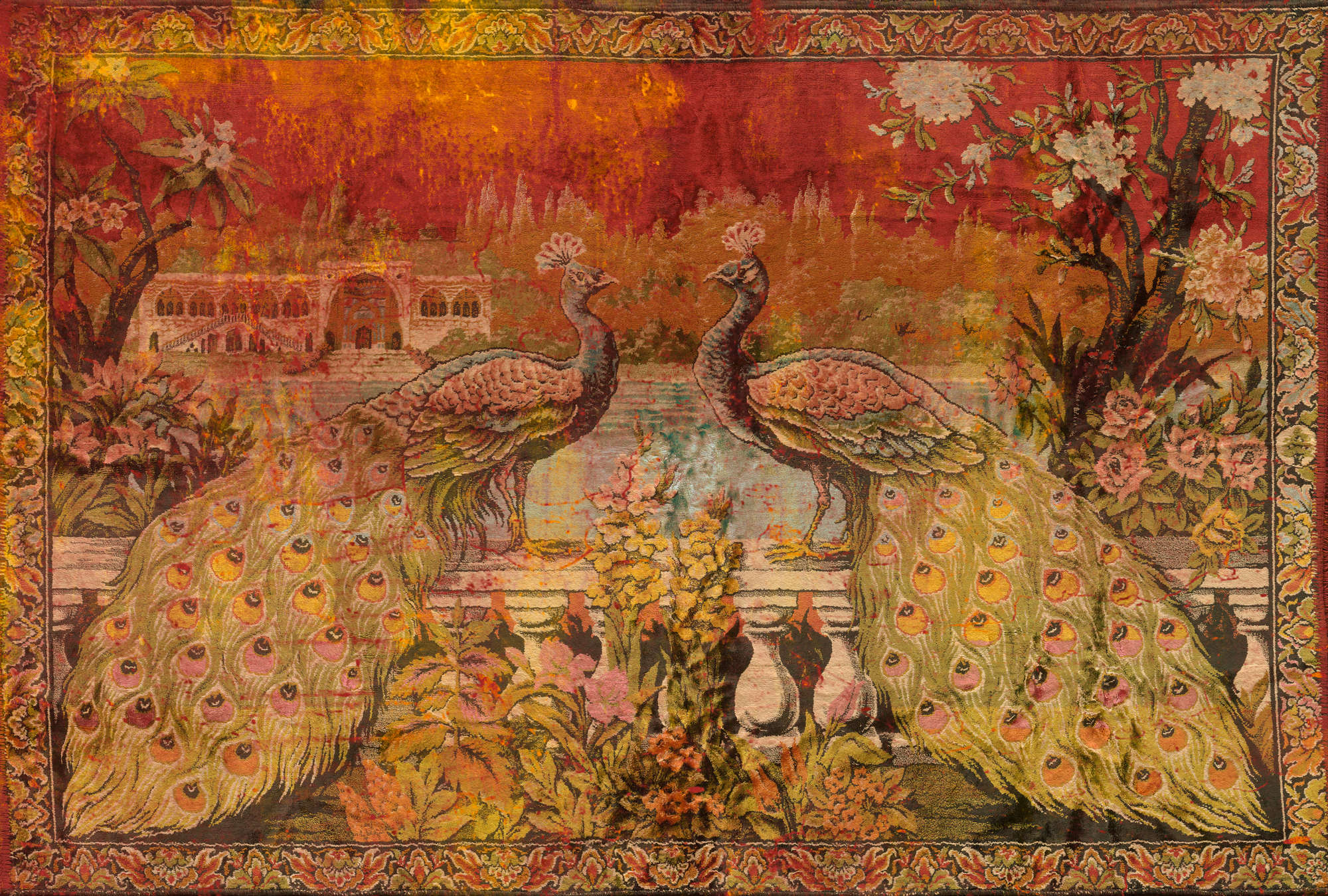            Bunte Fototapete im Ethno-Stil mit indischer Malerei – Grün, Rot, Orange
        