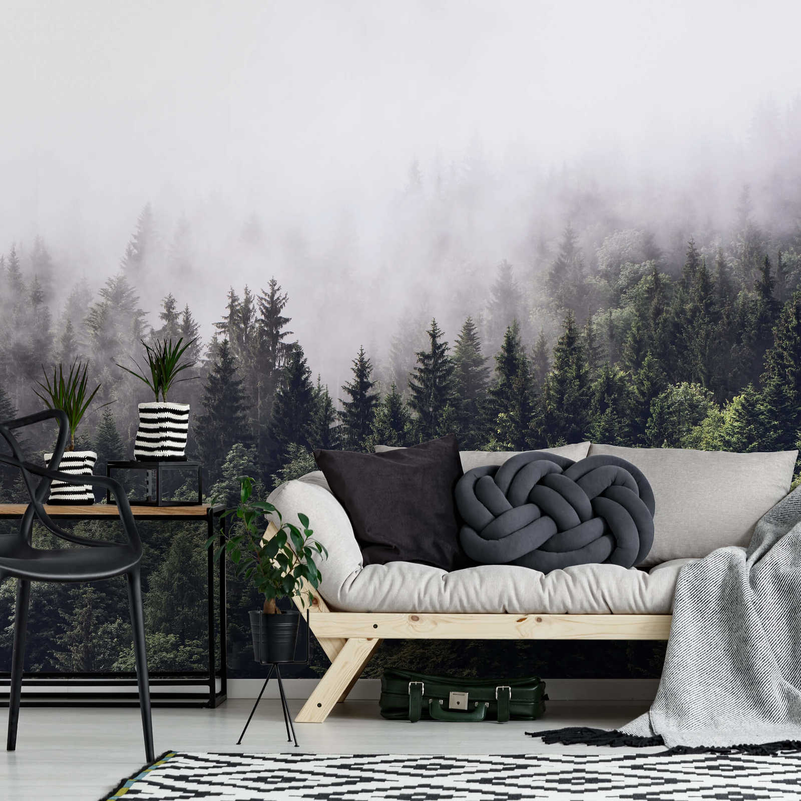             Fototapete Wald im Nebel – Grün, Weiß
        