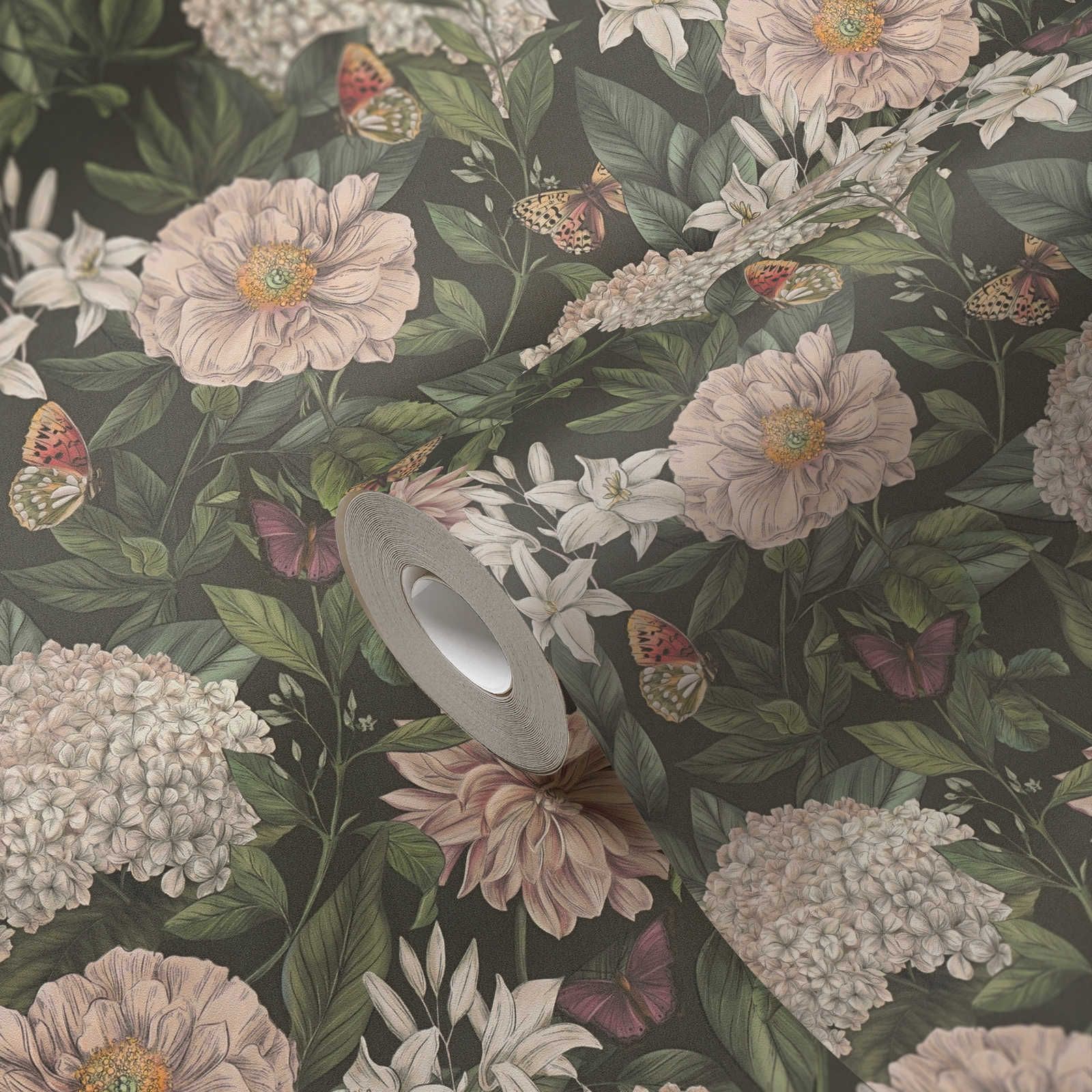            Moderne Tapete im floralen Stil mit Blumen & Schmetterlingen strukturiert – Schwarz, Dunkelgrün, Weiß
        
