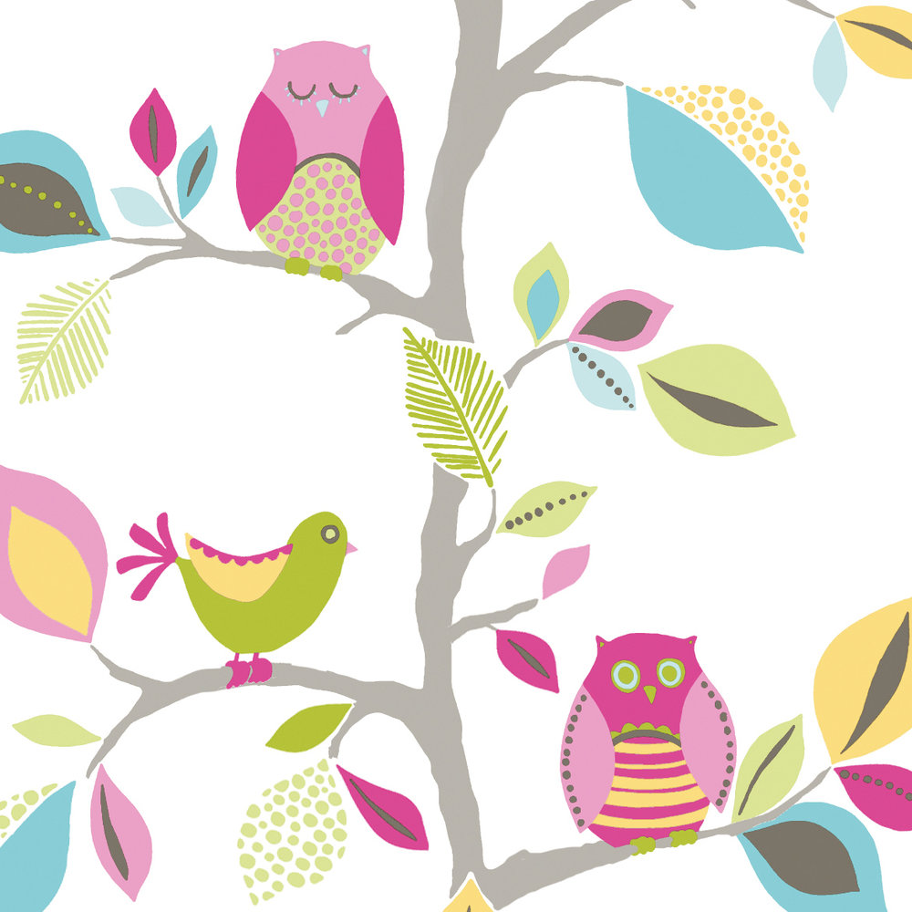             Tapete Eulen Muster mit Blättern & Vögeln für Kinderzimmer – Bunt
        
