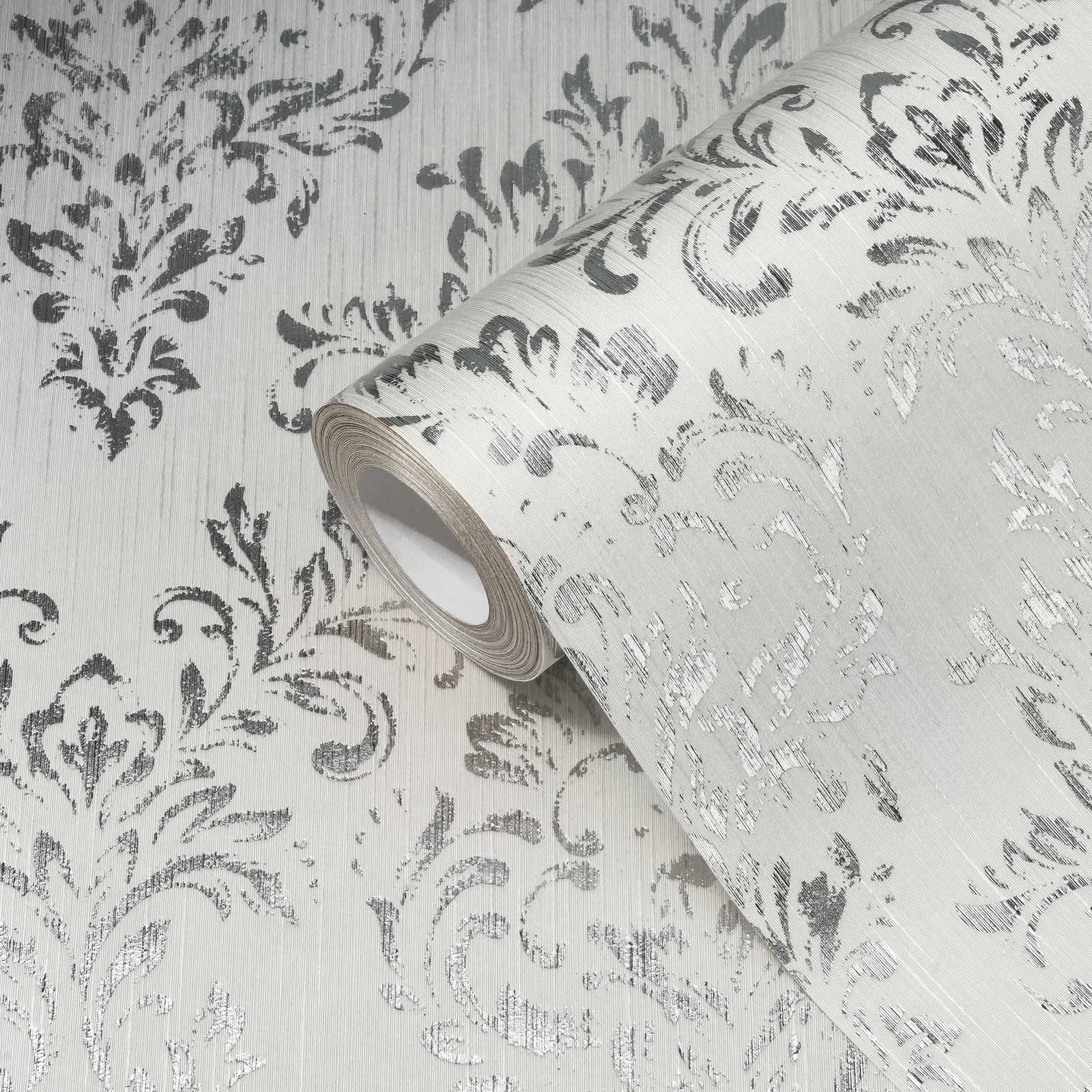             Ornamenttapete in floralem Design mit Glitzer-Effekt – Silber, Weiß
        