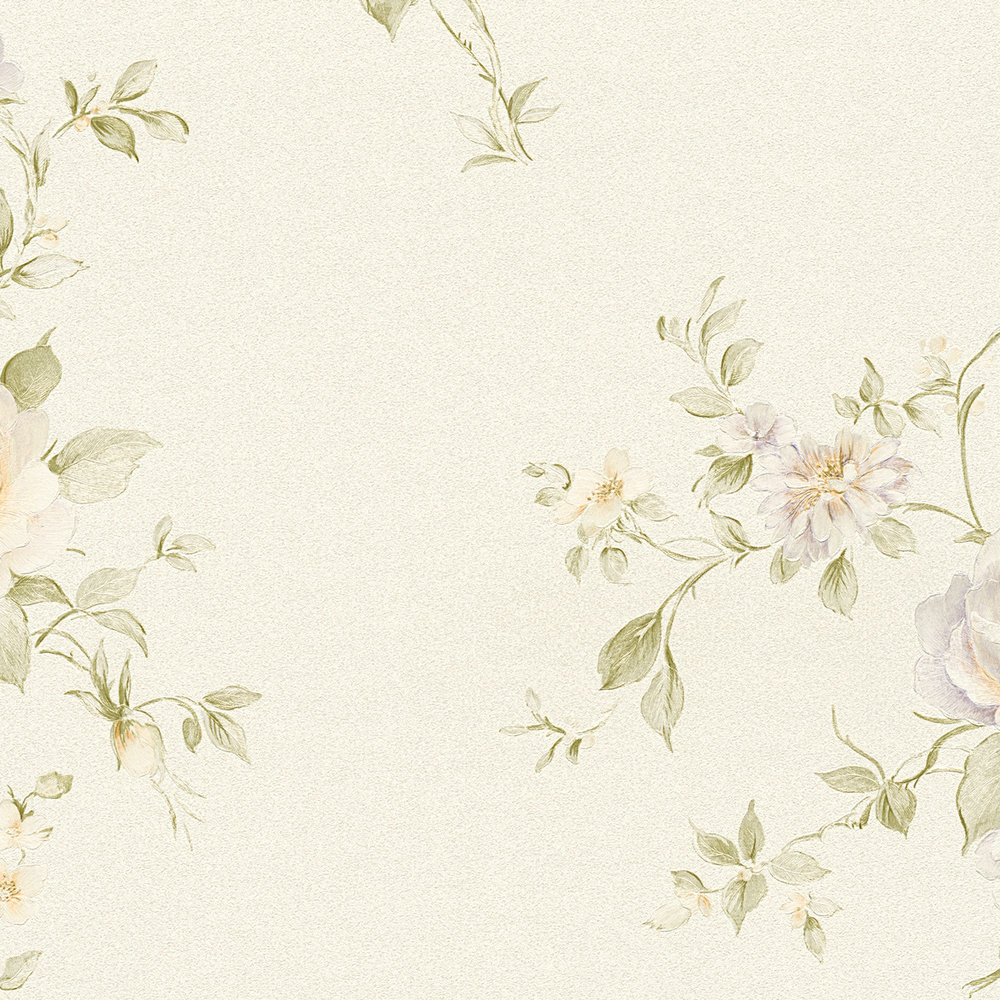             Rosen Tapete mit Blütenornamenten – Creme, Grün, Orange
        
