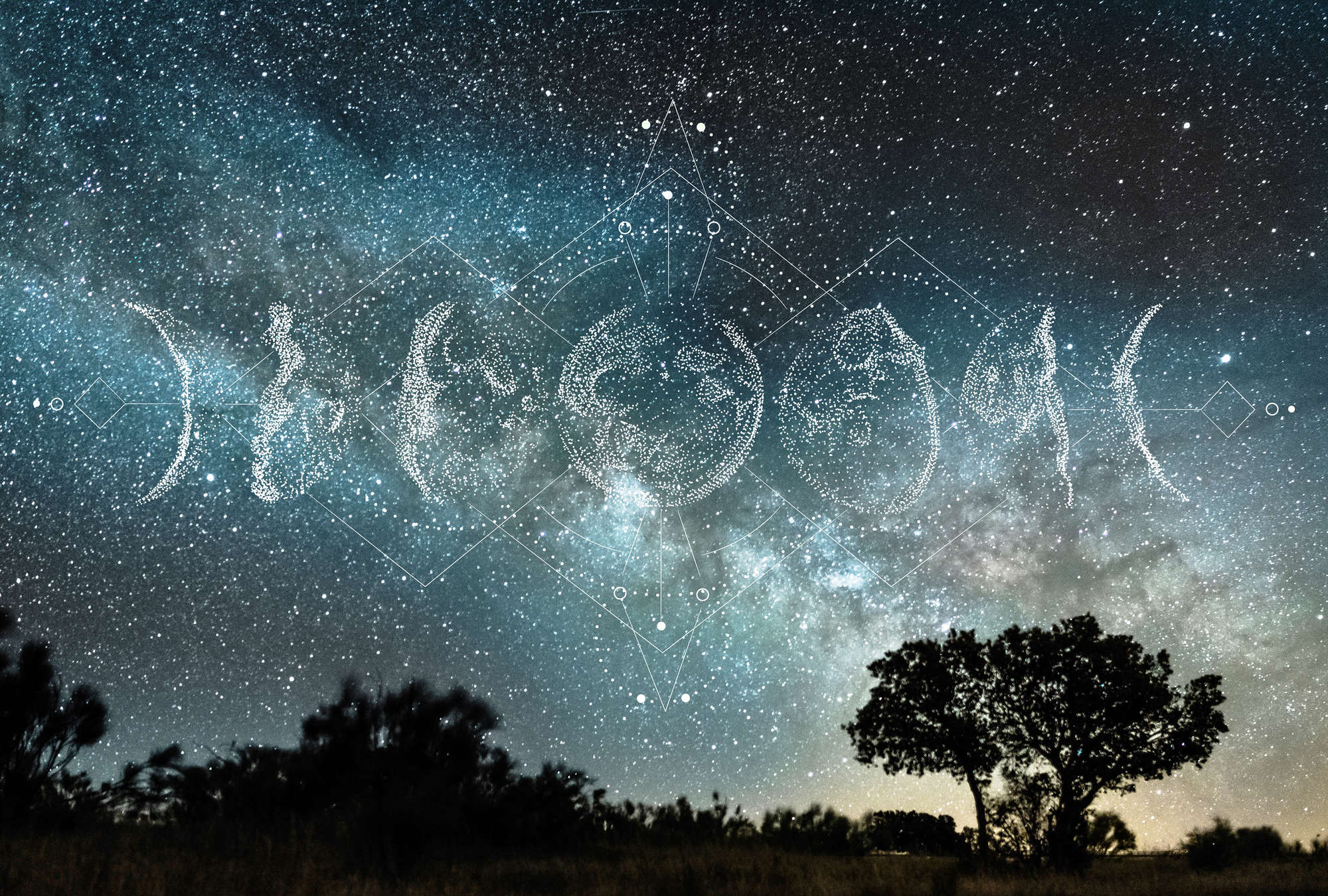             Fototapete Nachthimmel, Milchstraße & Mondphasen – Blau, Weiß, Schwarz
        