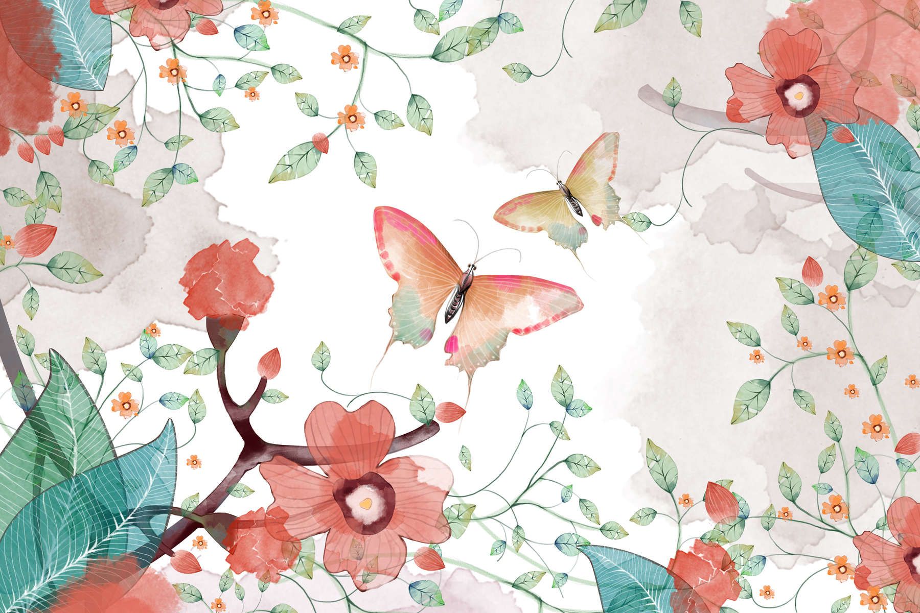             Fototapete floral mit Blättern und Schmetterlingen – Glattes & leicht glänzendes Vlies
        