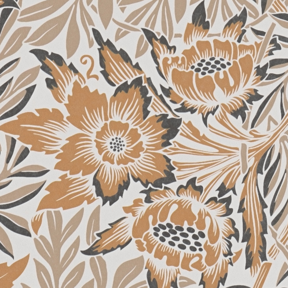             Vliestapete mit Blumen und Blätterranken – Orange, Beige, Weiß
        