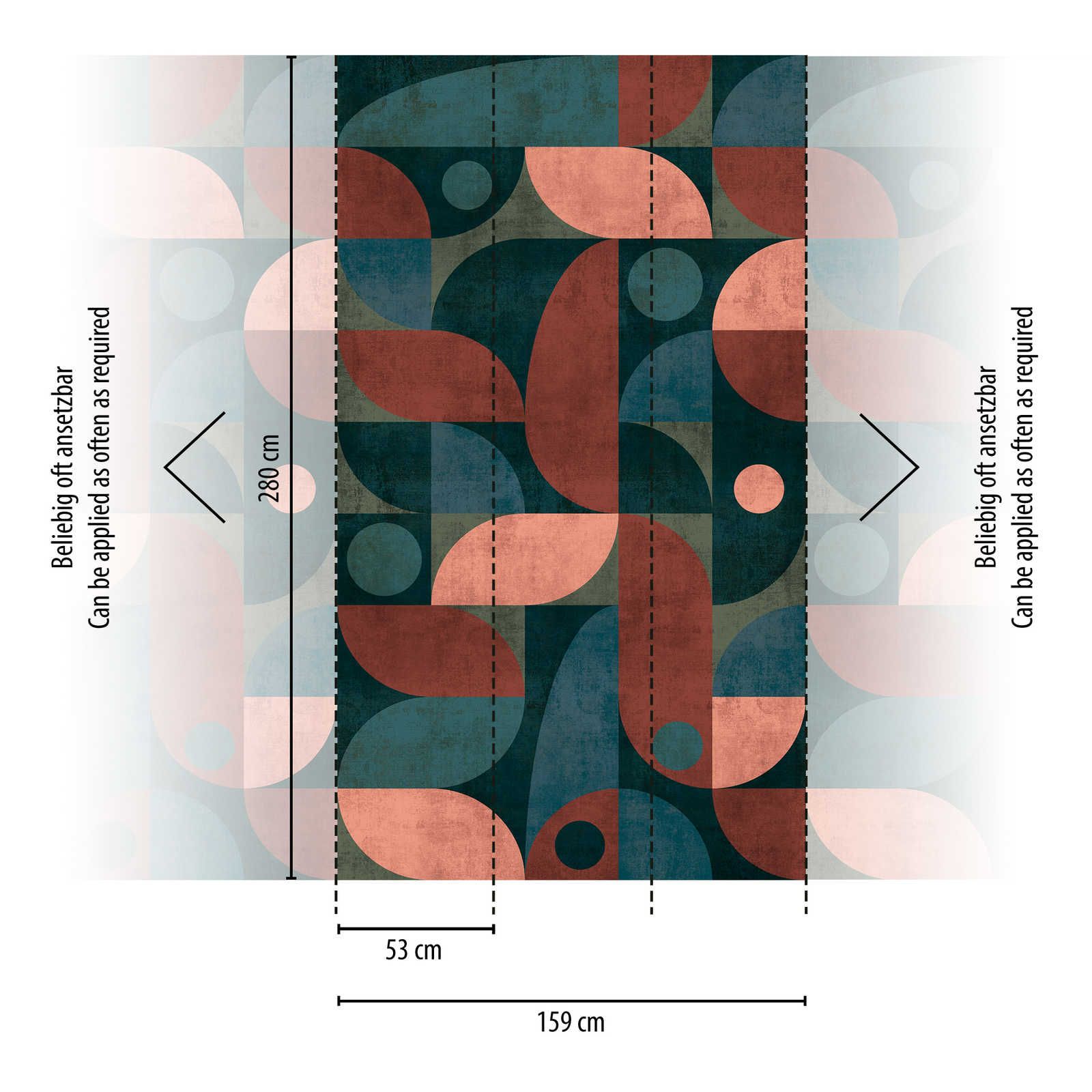             Grafische Mustertapete Kreise und runde Formen mit Strukturoptik – Blau, Rot, Grün
        