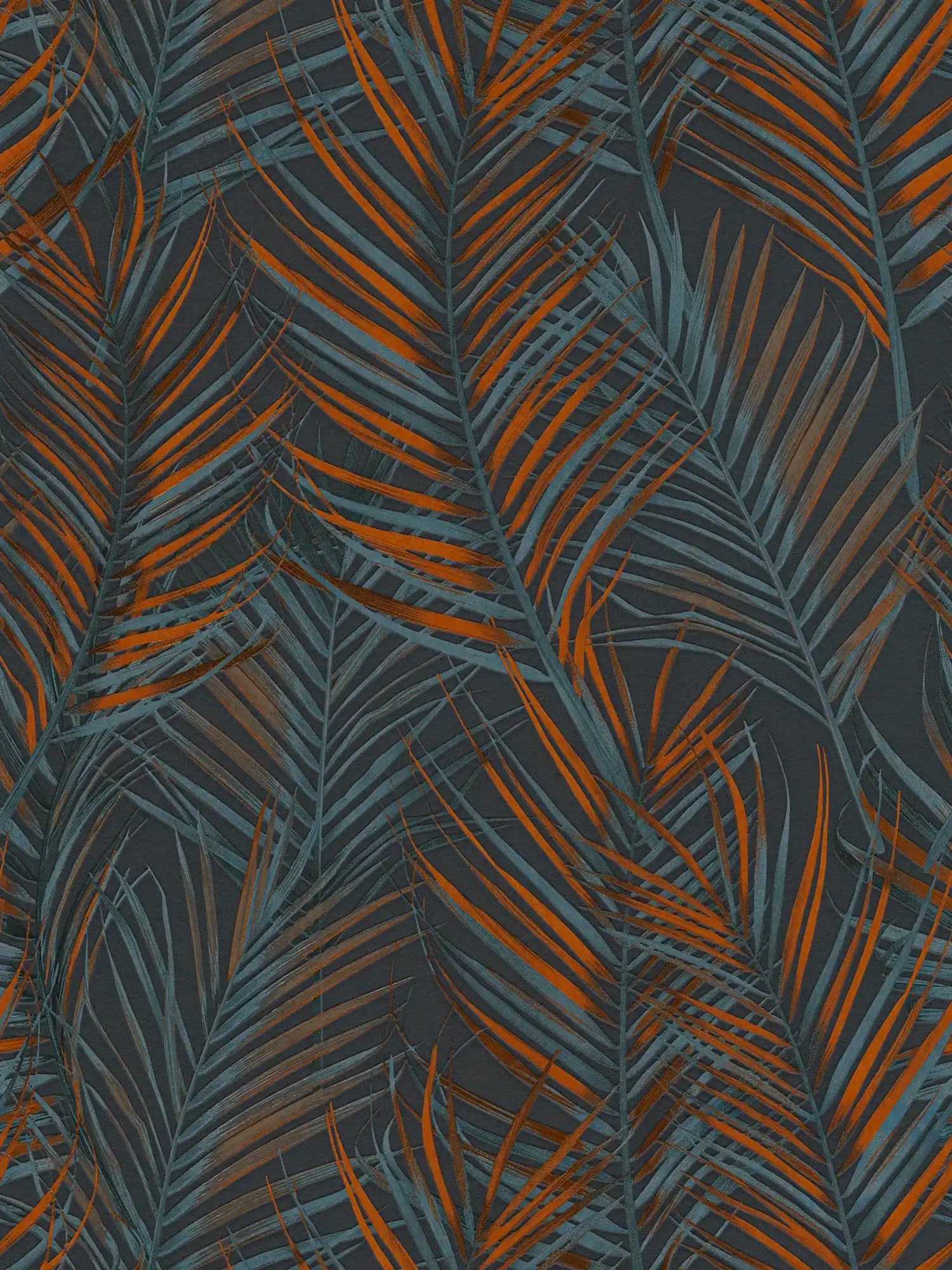 Dschungel Tapete mit Palmen Blätter in matt – Schwarz, Orange, Petrol
