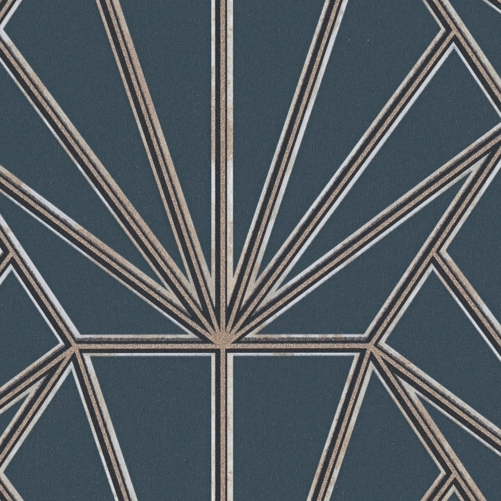             Tapete Art Déco Muster und Linienmotiv – Blau, Gold, Schwarz
        