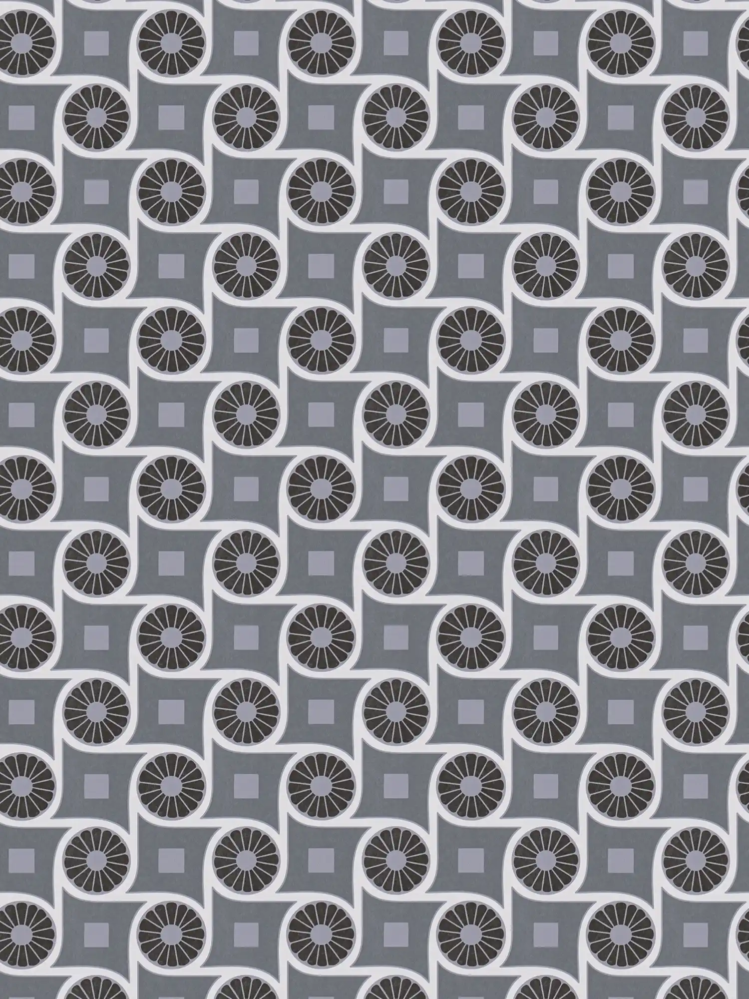 Tapete im Retrostil mit Kreismuster und Quadraten – Grau, Weiß, Schwarz
