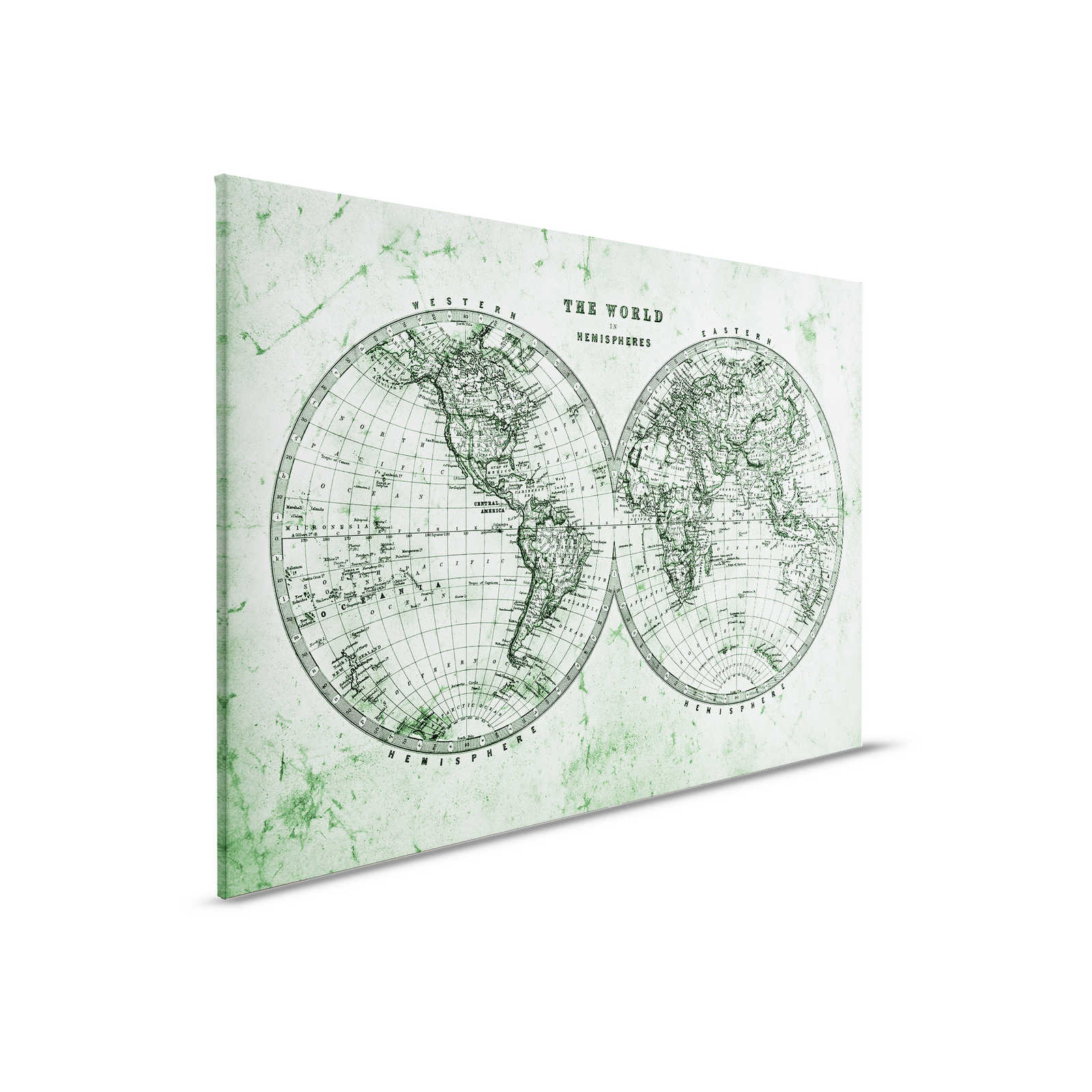         Leinwand mit Vintage Weltkarte in Hemisphären | grün, grau, weiß – 0,90 m x 0,60 m
    