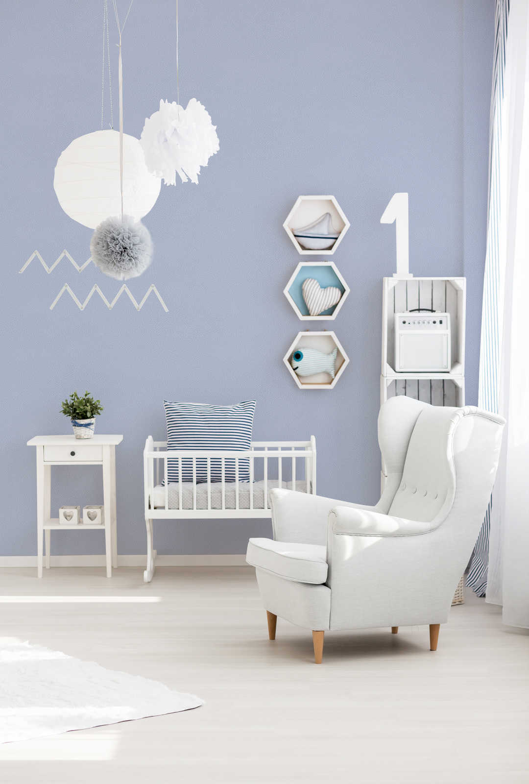             Kinderzimmer Tapete horizontale Striche – Blau, Grau, Weiß
        