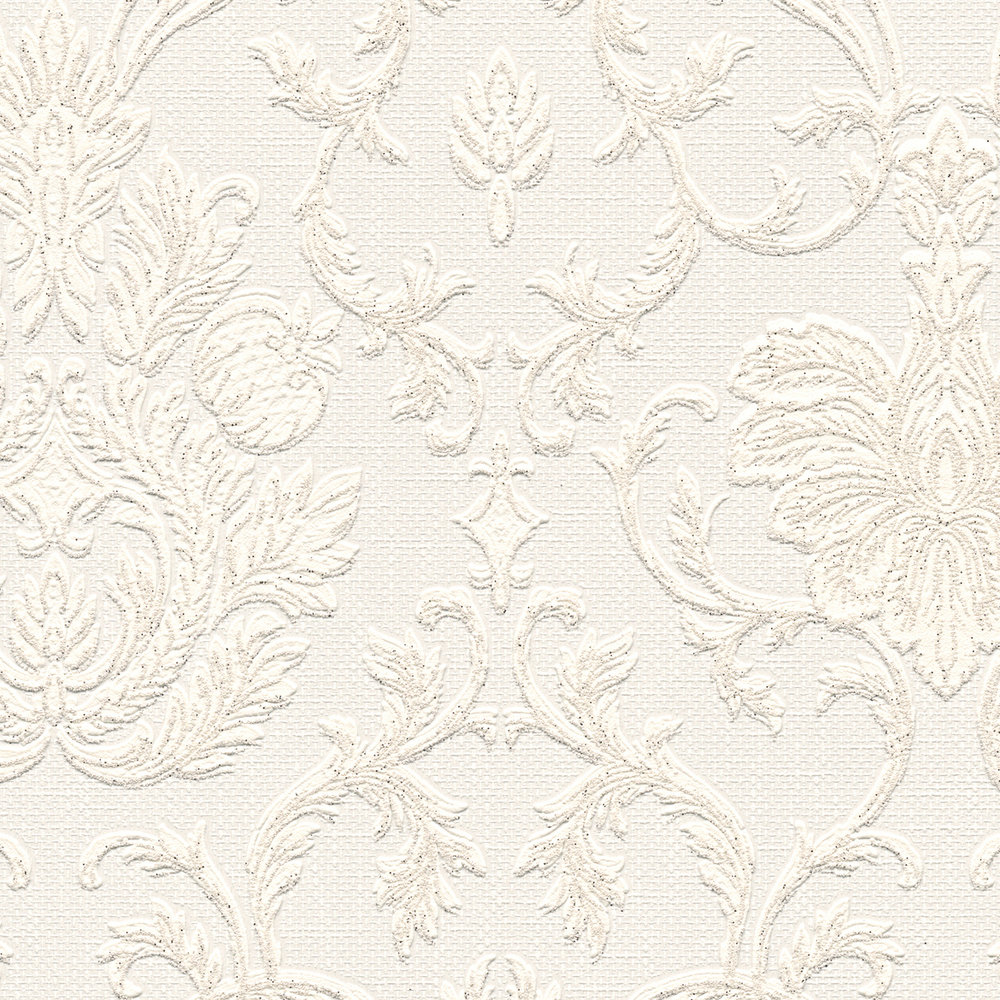             Glitzer Effekt Tapete mit 3D Ornament Design – Weiß
        