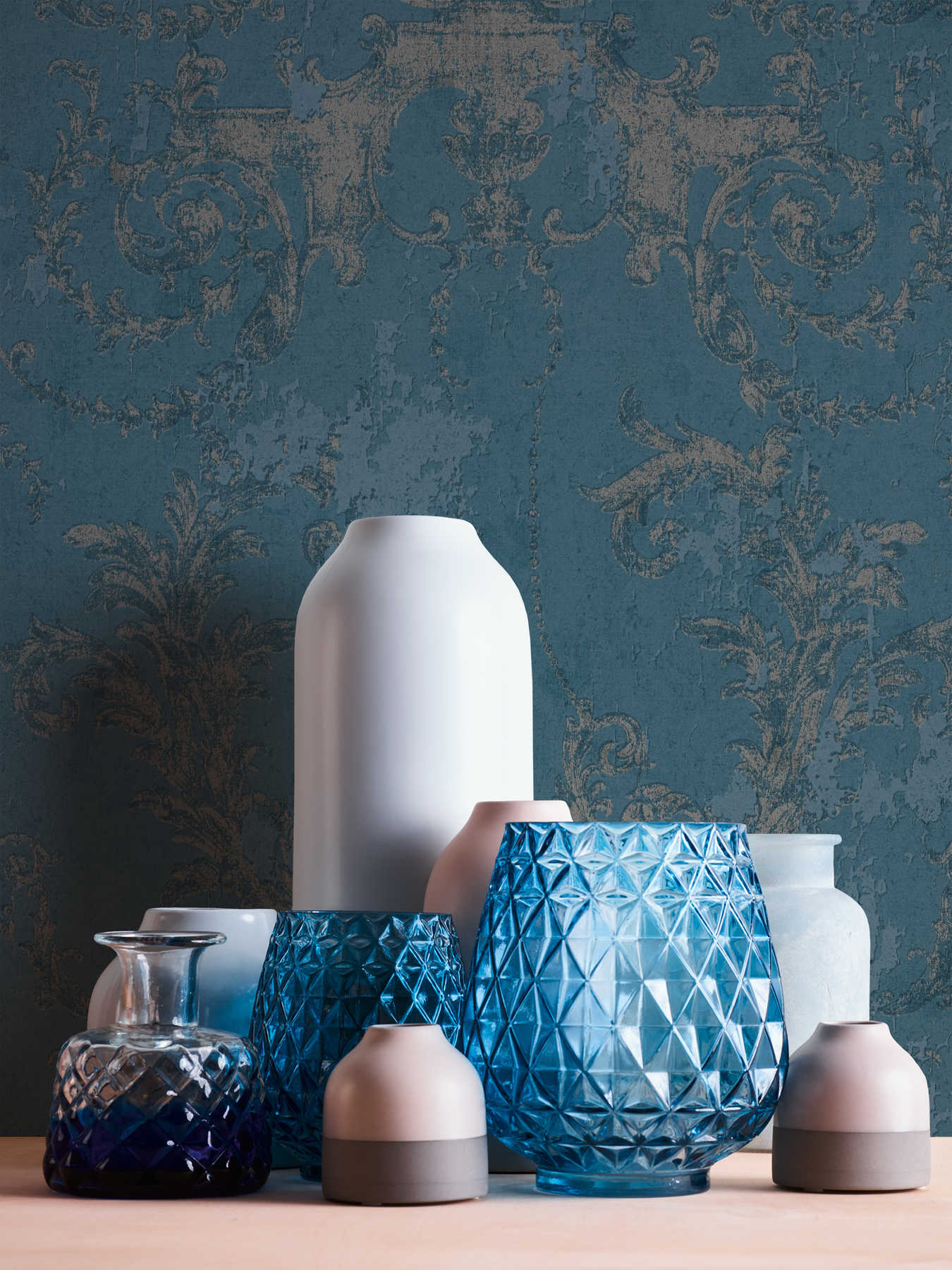             Ornamenttapete Vintage Stil & rustikal – Blau, Silber
        