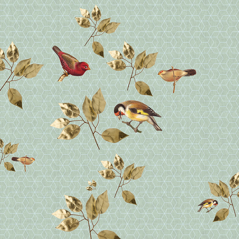 Brillant Birds 2 - Natürliche Fototapete geometrisches Design-naturleinen Struktur – Grün, Türkis | Perlmutt Glattvlies
