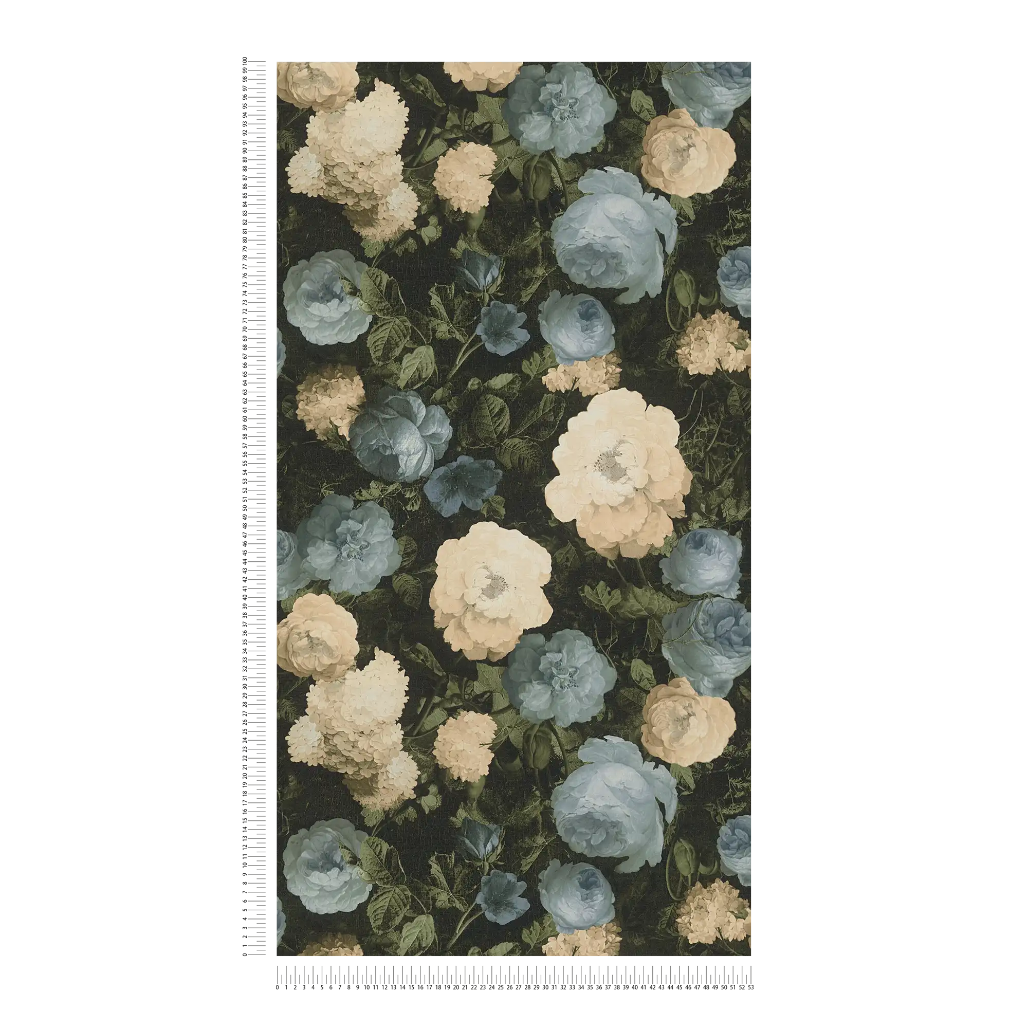             Rosen-Tapete, klassisches Blütenmuster – Blau, Grün, Creme
        
