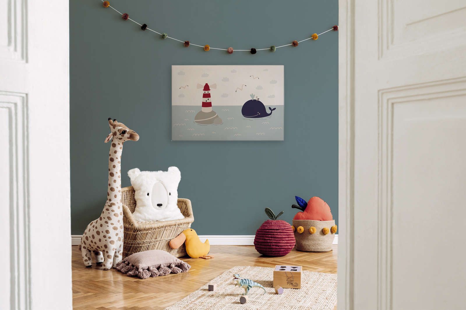             Leinwand fürs Kinderzimmer mit Leuchturm und Wal – 90 cm x 60 cm
        