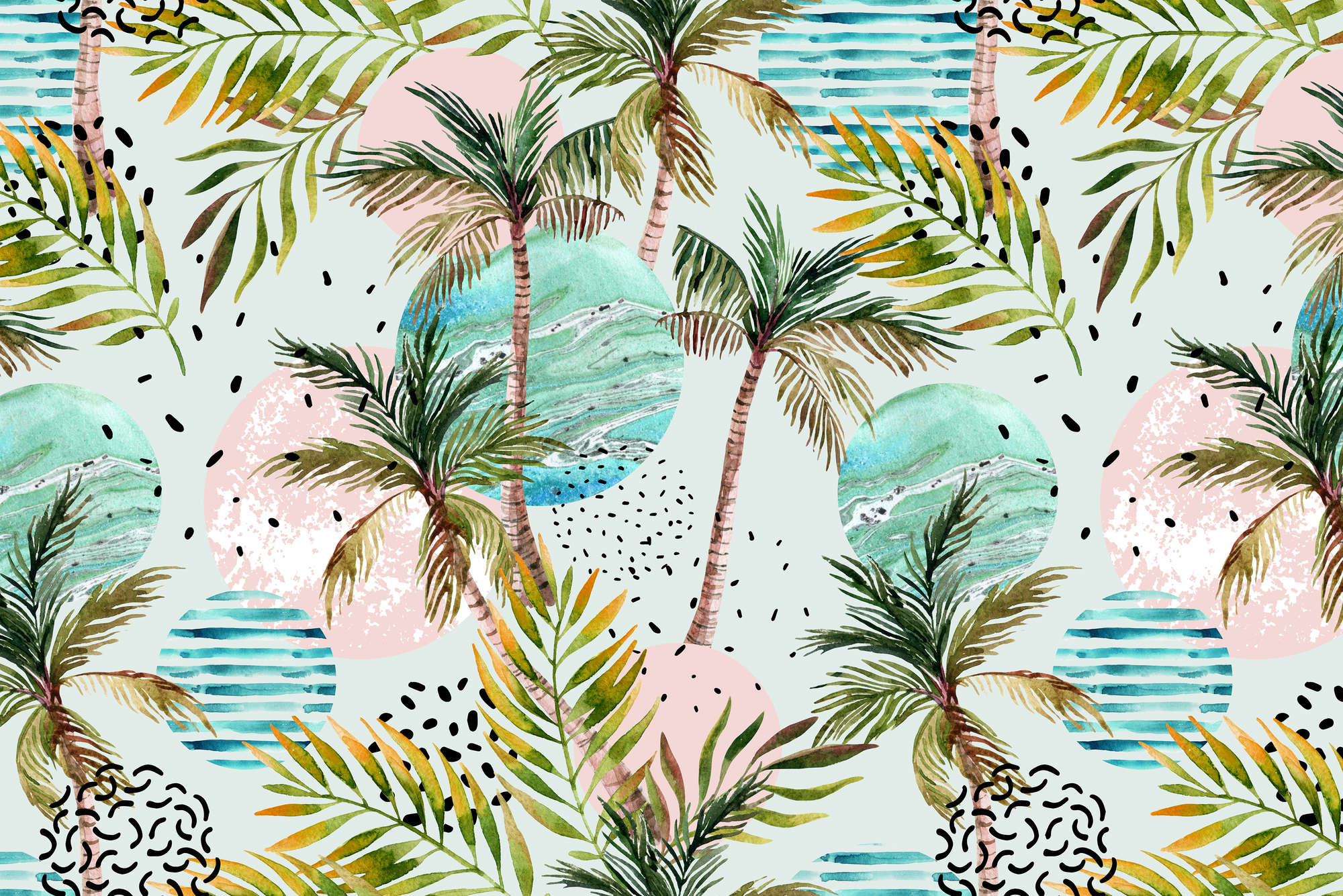             Grafik Fototapete Palmen mit Wellensymbolen auf Perlmutt Glattvlies
        