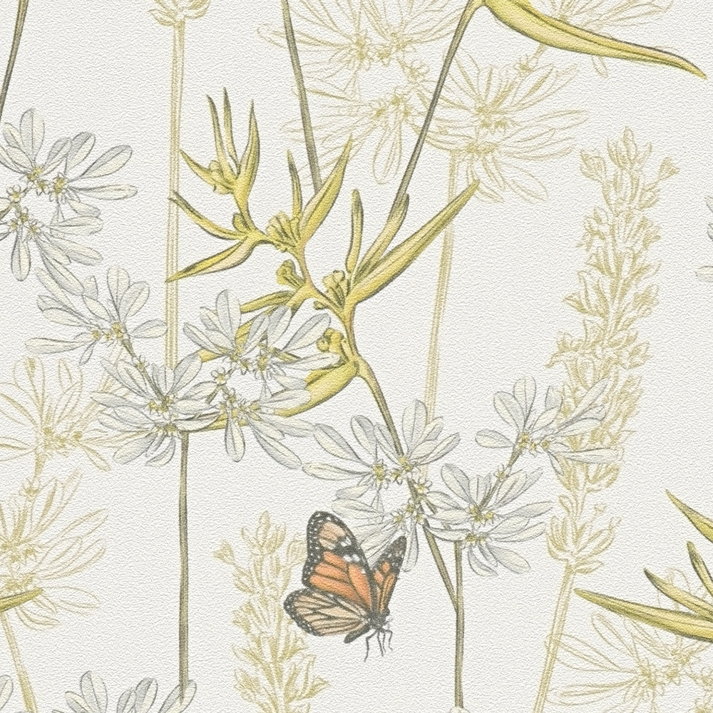             Tapete im floralen Stil mit Gräsern & Schmetterlingen strukturiert matt – Weiß, Gelb, Grau
        