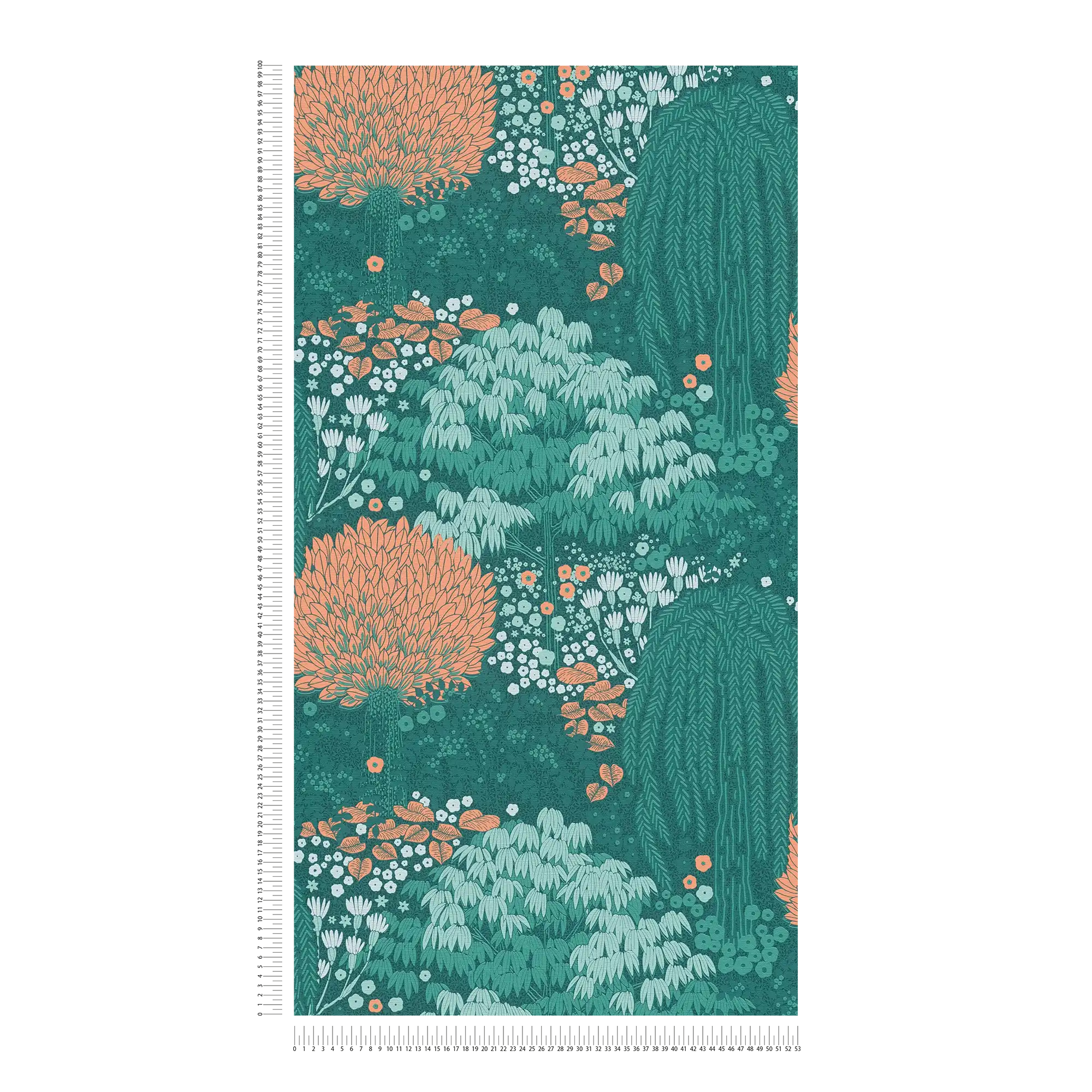             Florale Tapete mit Blättern leicht strukturiert, matt – Petrol, Orange, Grün
        