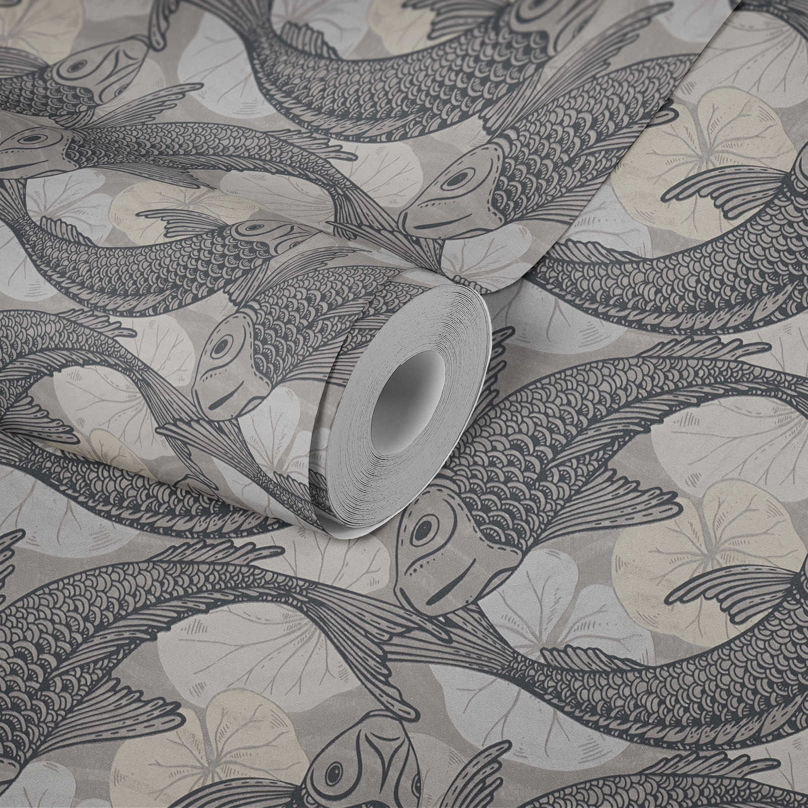             Tapete Asian Design mit Koi Motiv & Metallic-Effekt – Beige, Grau, Schwarz
        