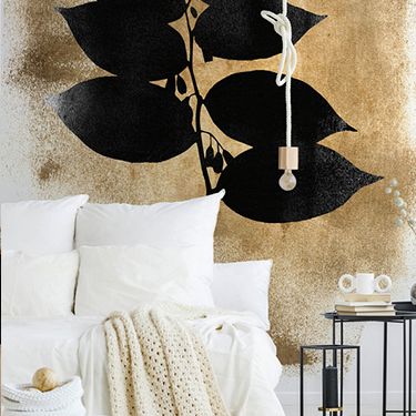 Modernes Schlafzimmer mit goldenem Fototapeten-Motiv und Blätter Design DD119953