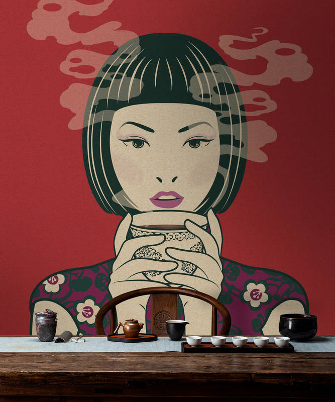             Akari 1 - Zeit für Tee, Mangastyle auf Fototapete - Pappe Struktur – Beige, Rot | Mattes Glattvlies
        