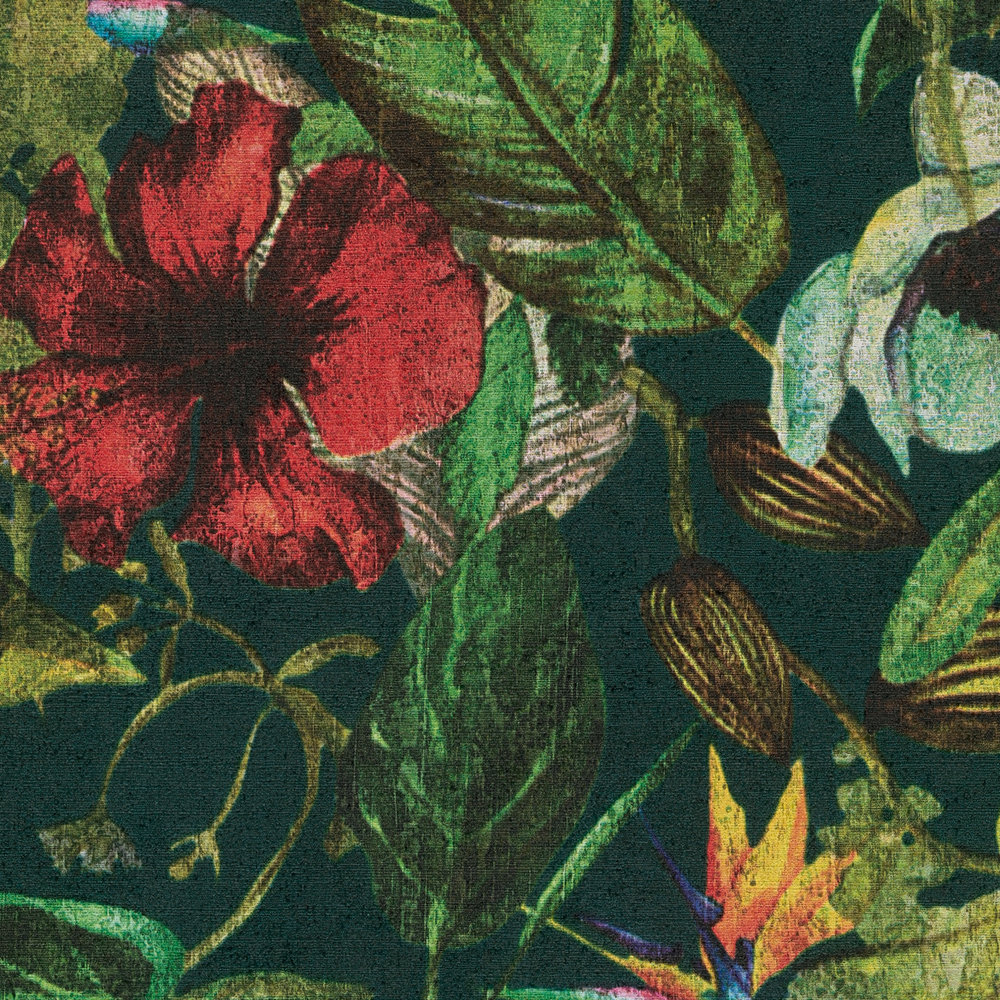             Dschungel Tapete tropische Blüten – Grün, Rot, Gelb
        
