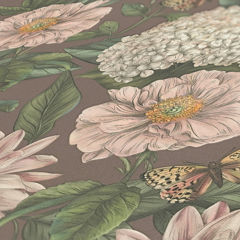             Moderne Tapete floral mit Blumen & Schmetterlingen strukturiert matt – Bordeaux, Rosa, Dunkelgrün
        