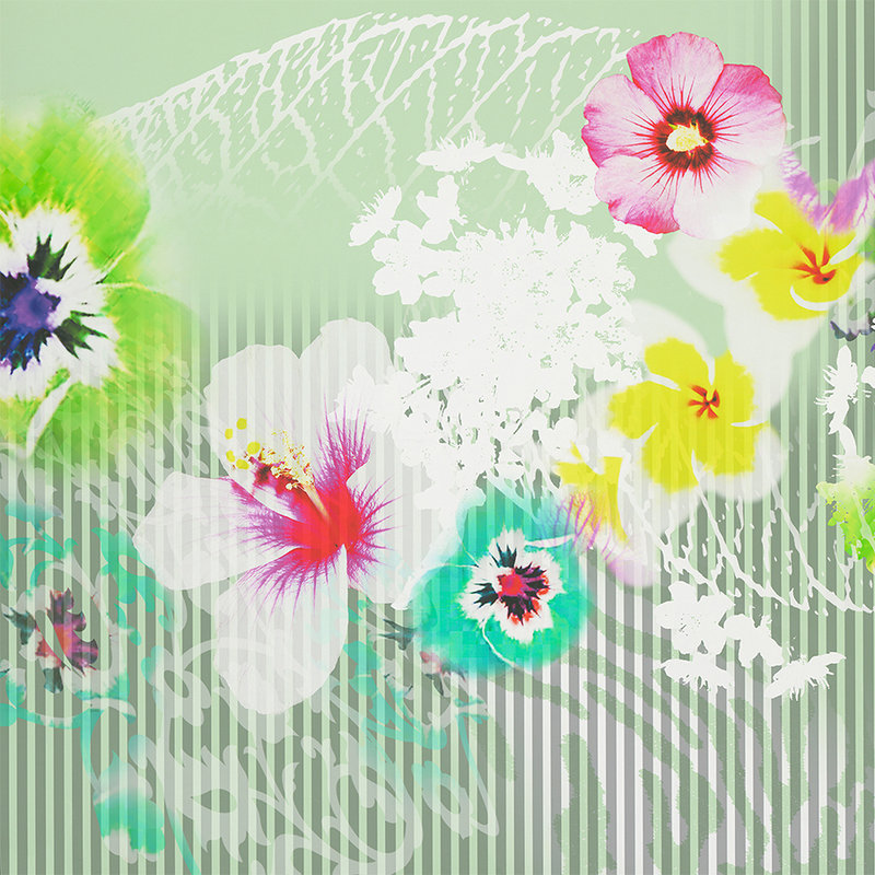 Grafische Blüten Fototapete mit natürlich Design – Bunt, Grün, Blau
