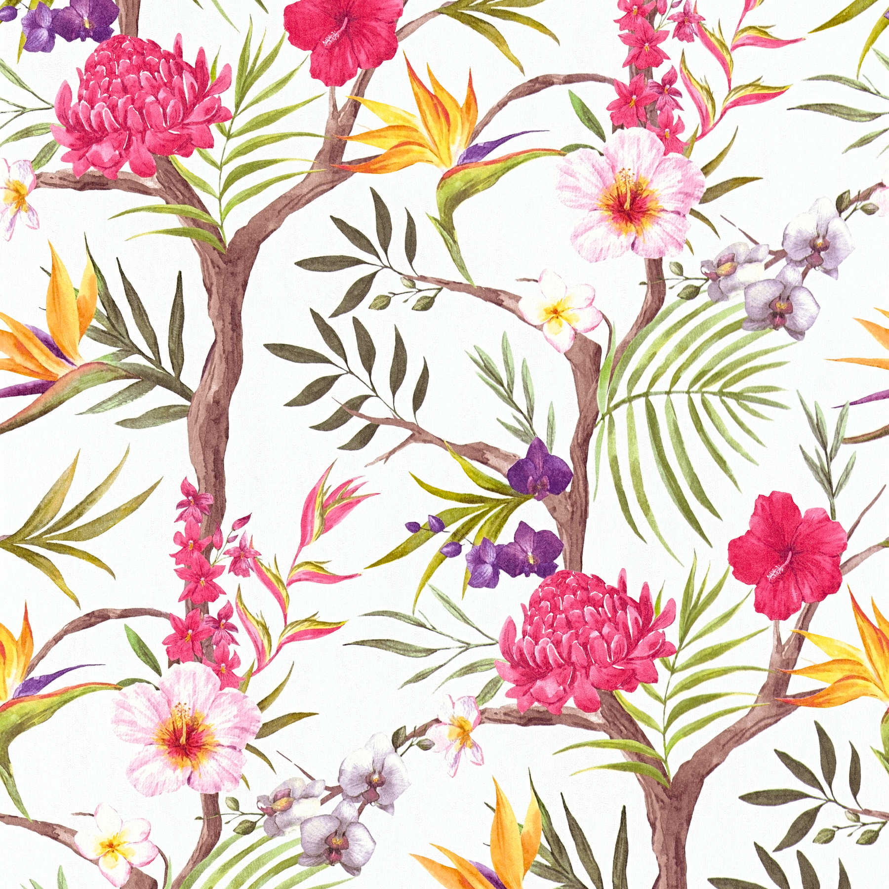         Dschungel Blüten Vliestapete in lebhaften Farben – Bunt, Rot, Gelb, Braun, Grün
    