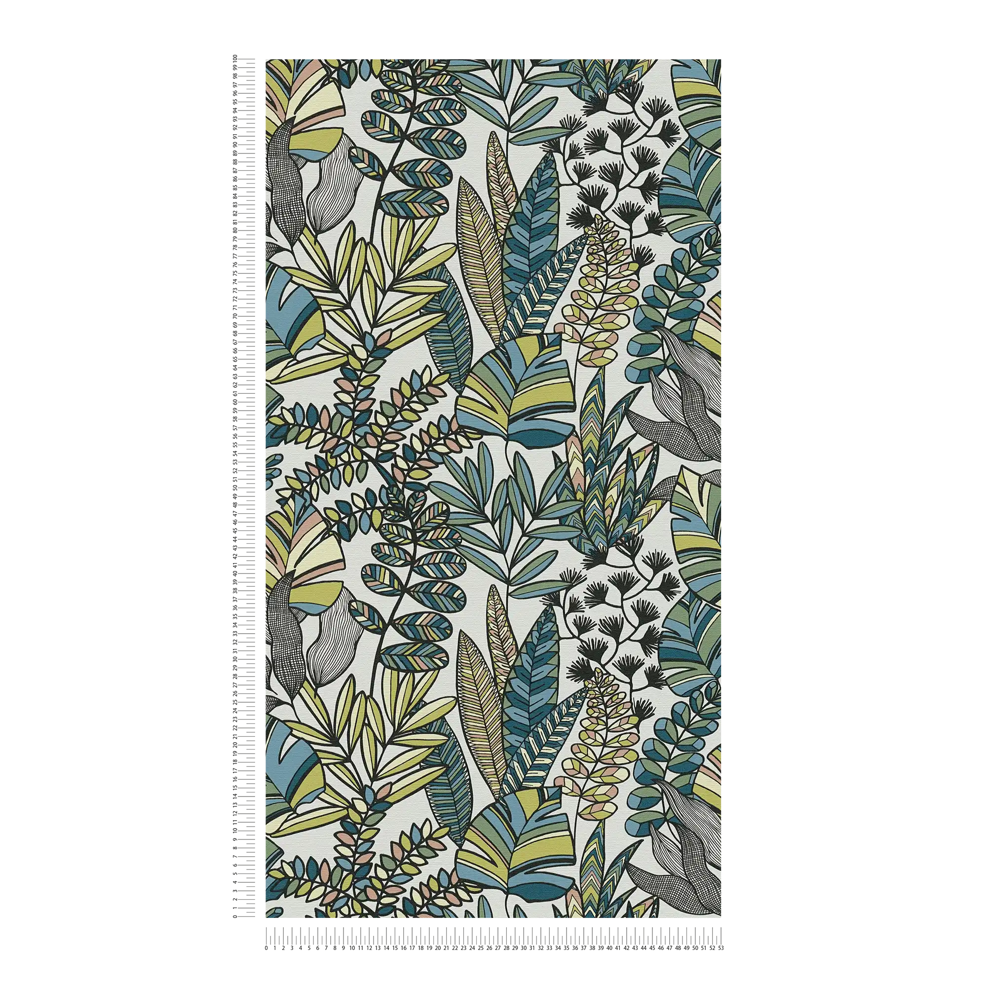             Vliestapete mit großen Blättern in kräftigen Farben – Weiß, Schwarz, Blau
        