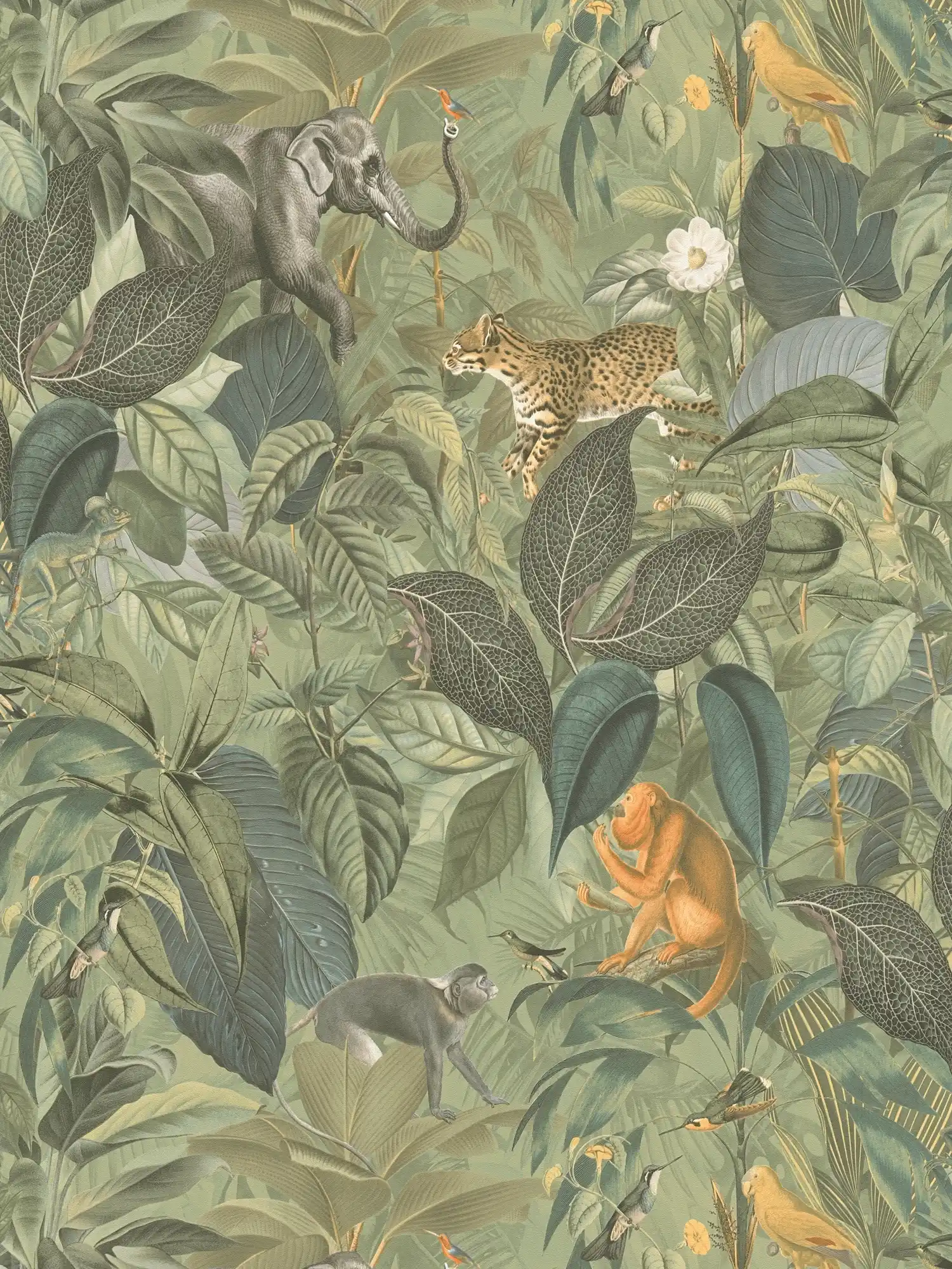 Dschungel Tapete mit Tieren, Kindermotiv – Grau, Grün
