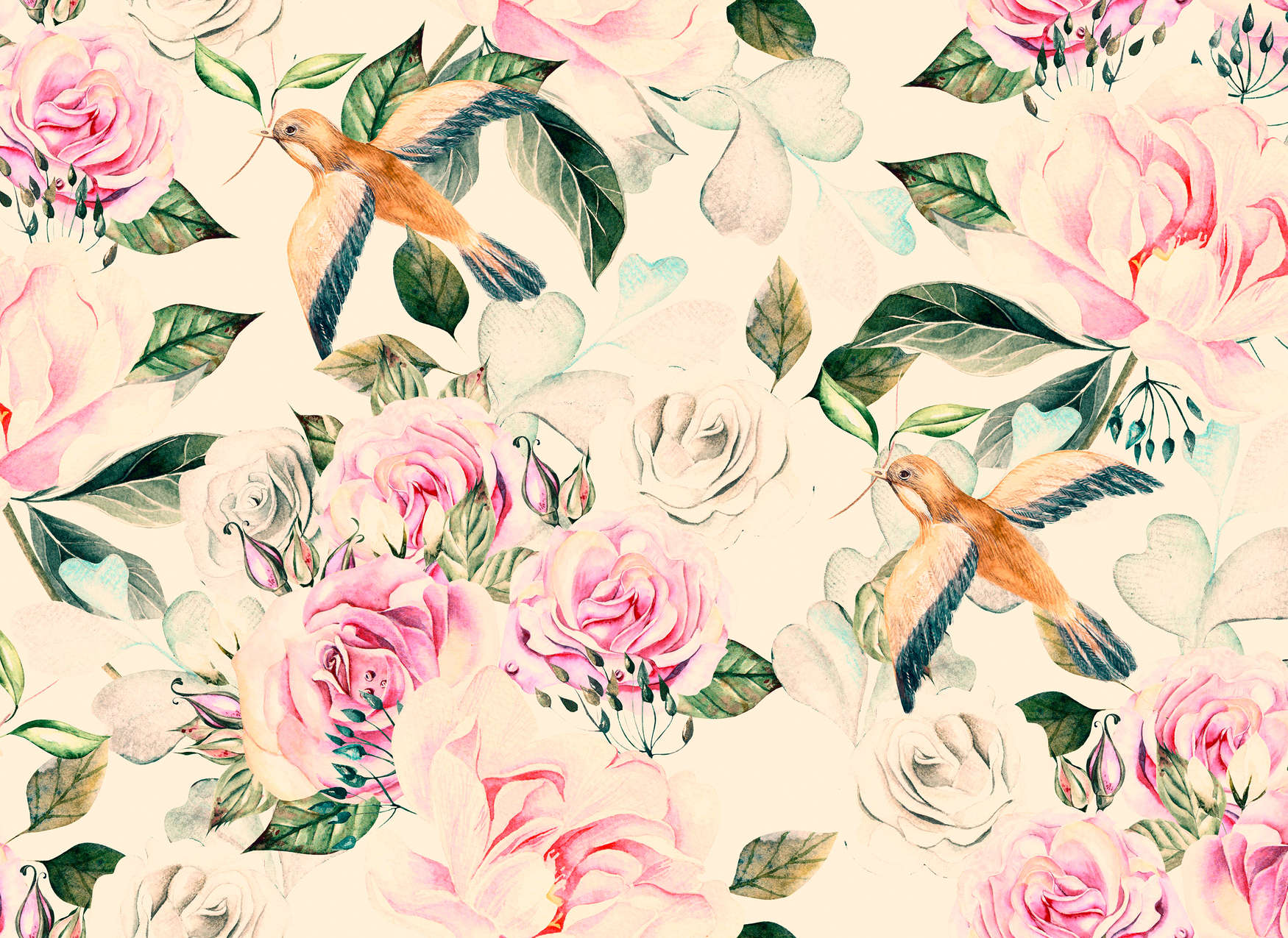             Verspielten Blumen und Vögel im Vintage-Stil – Creme, Rosa, Grün
        