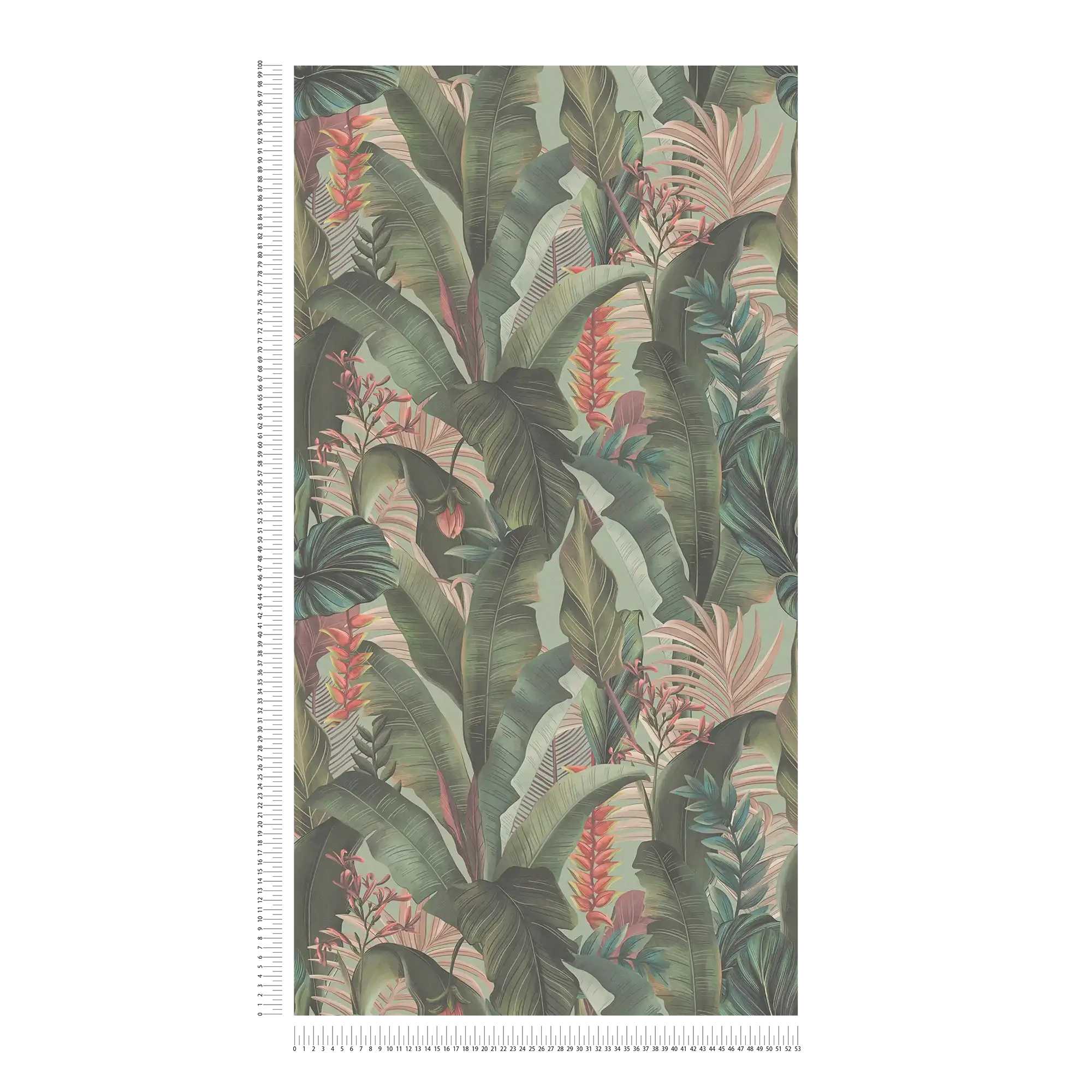             Florale Dschungeltapete mit Palmenblättern & Blüten strukturiert matt – Grün, Rosa, Rot
        