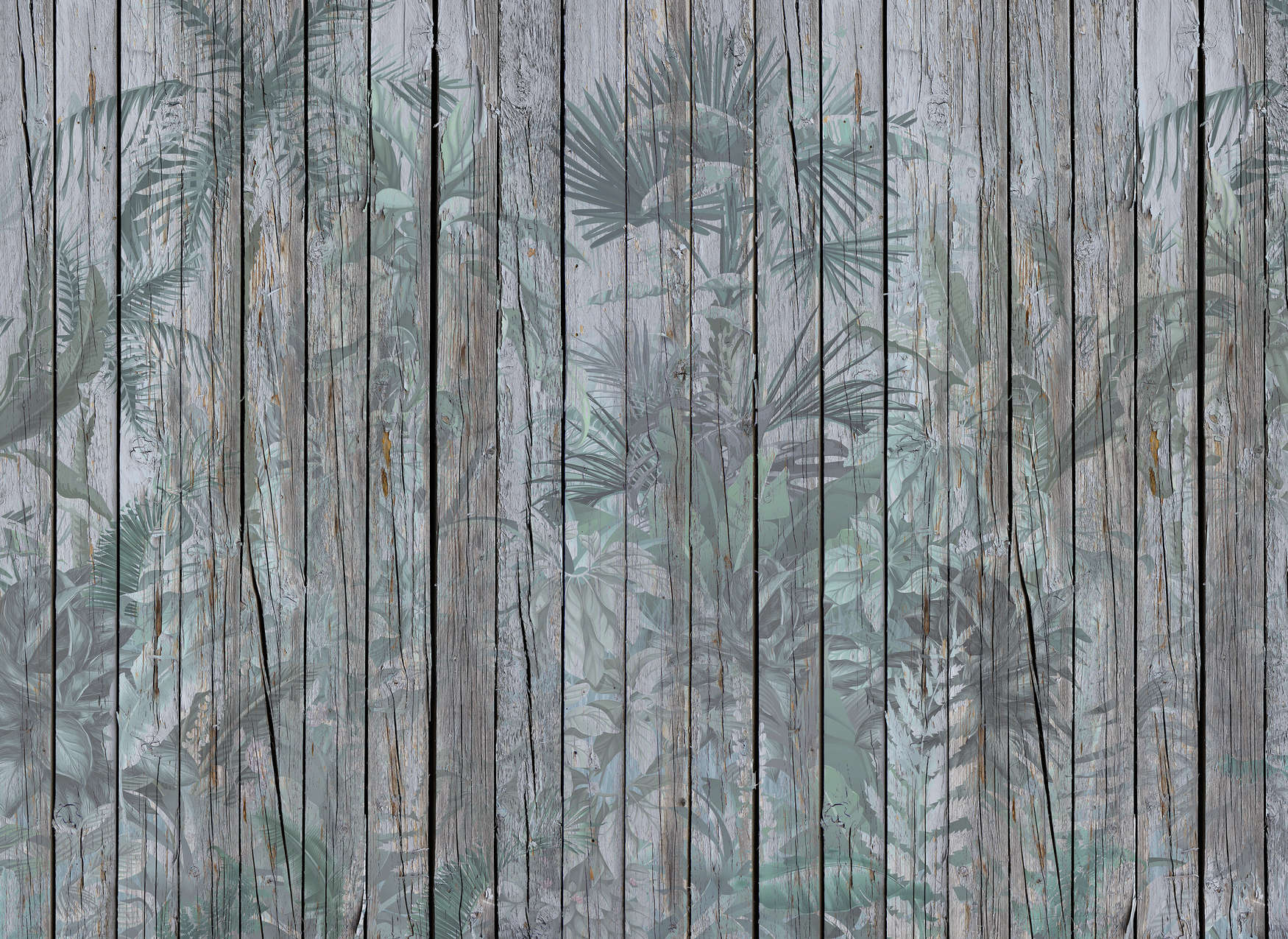             Fototapete Holzwand mit Dschungelpflanzen – Braun, Grün
        